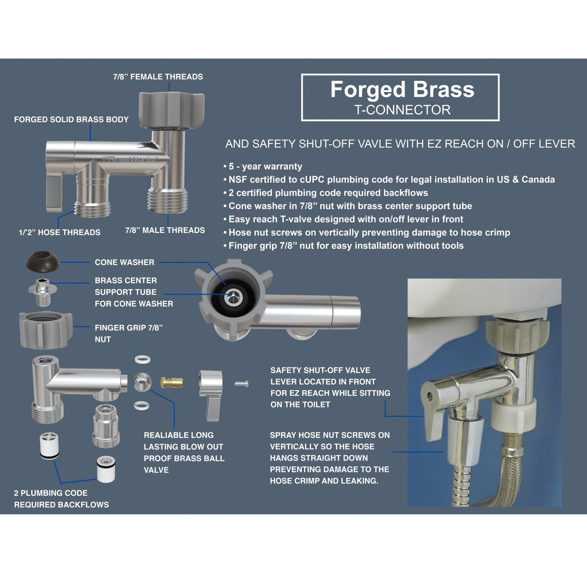 RinseWorks- All Brass Aquaus 360 Handheld Bidet Sprayer for Toilet - NSF Plumbing Code Certified Legal Installation Ergonomic Dual Thumb Pressure Controls- 3”-11” Spray Reach 5 Year Warranty