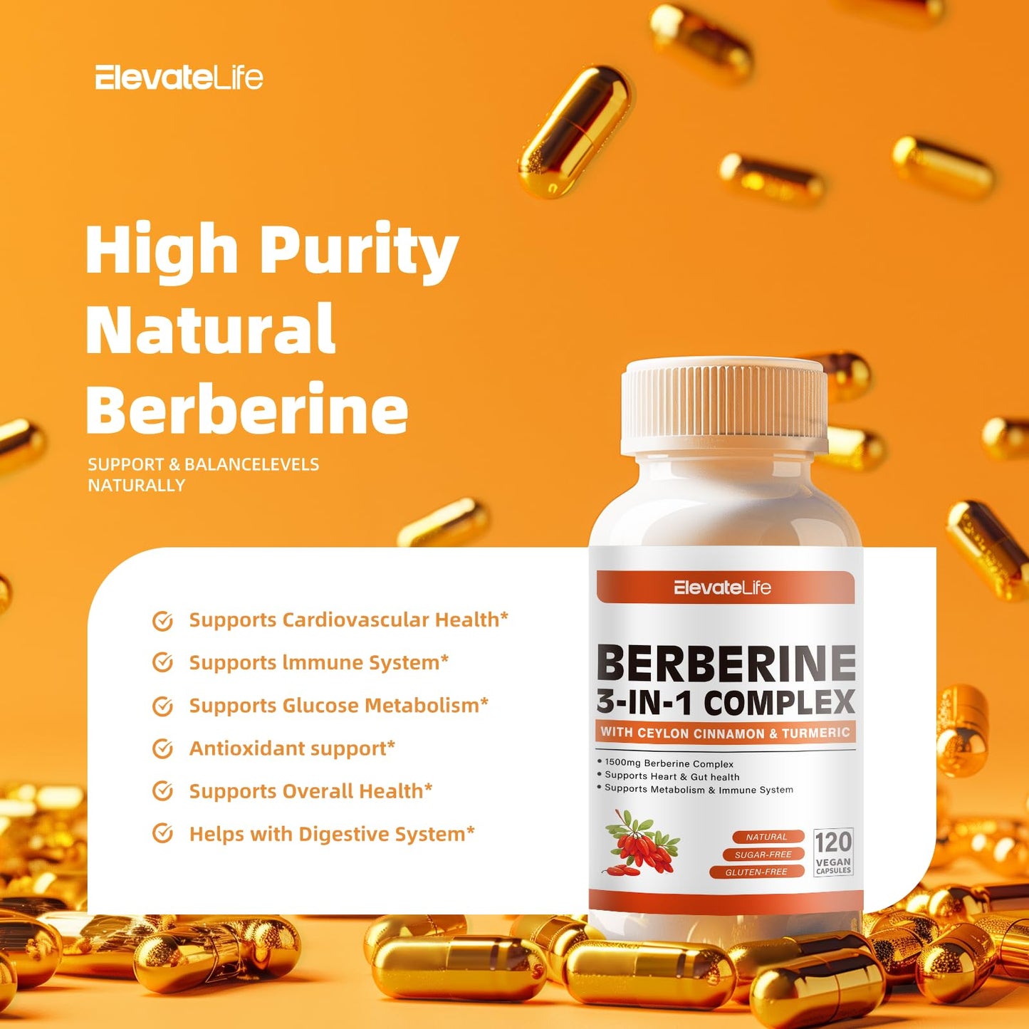 ElevateLife Berberine Supplement - Berberine 1500mg Per Serving,120 Capsules - Berberine HCI - Berberine Plus - Plus Pure True Ceylon Cinnamon, Berberine HCI Root Supplements Pills - Medaid International
