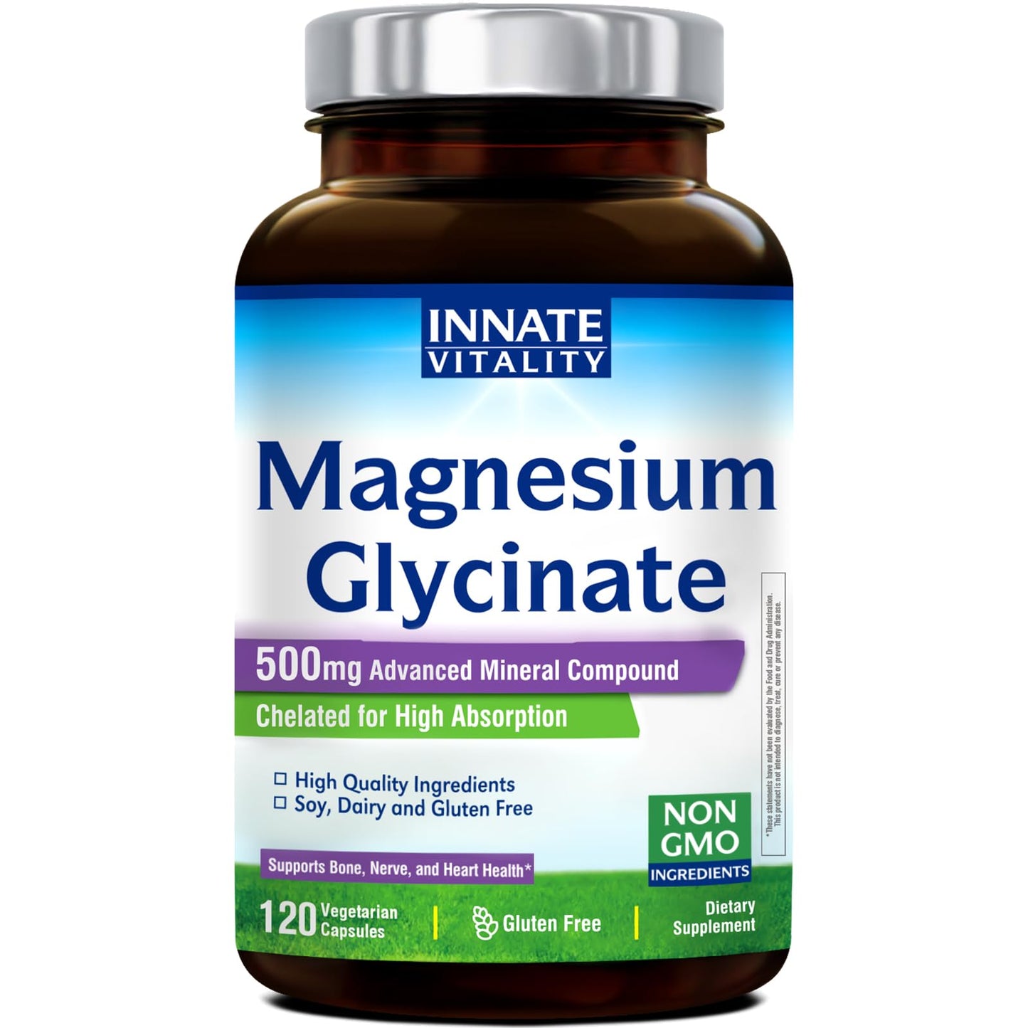 Innate Vitality Magnesium Glycinate 500mg | 70mg Elemental Magnesium Supplement- High Absorption, Non Buffered, Non-GMO & No Gluten - Nerve, Muscle, Bone Health - 120 Vegan Capsules Magnesio - Medaid International