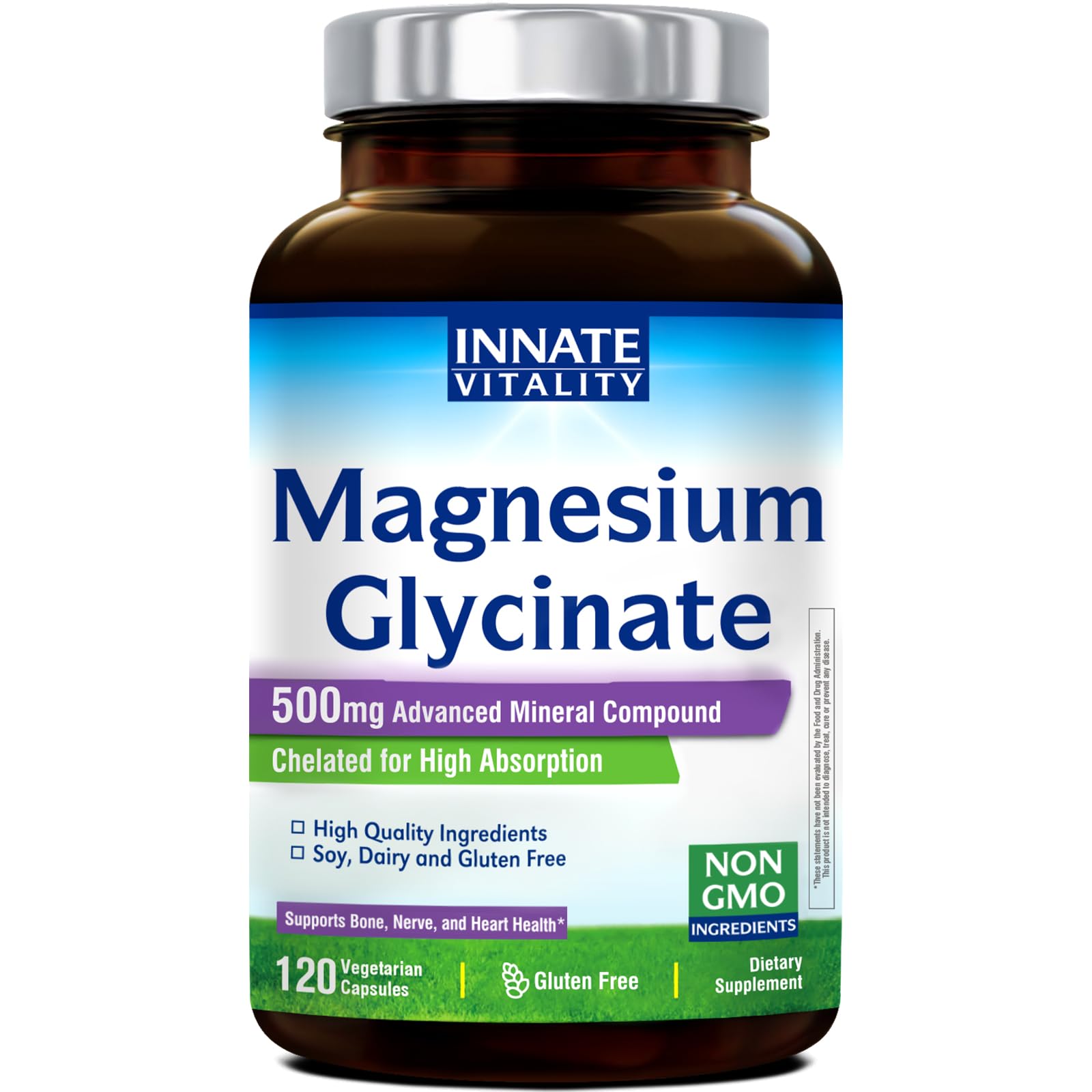 Innate Vitality Magnesium Glycinate 500mg | 70mg Elemental Magnesium Supplement- High Absorption, Non Buffered, Non-GMO & No Gluten - Nerve, Muscle, Bone Health - 120 Vegan Capsules Magnesio - Medaid International
