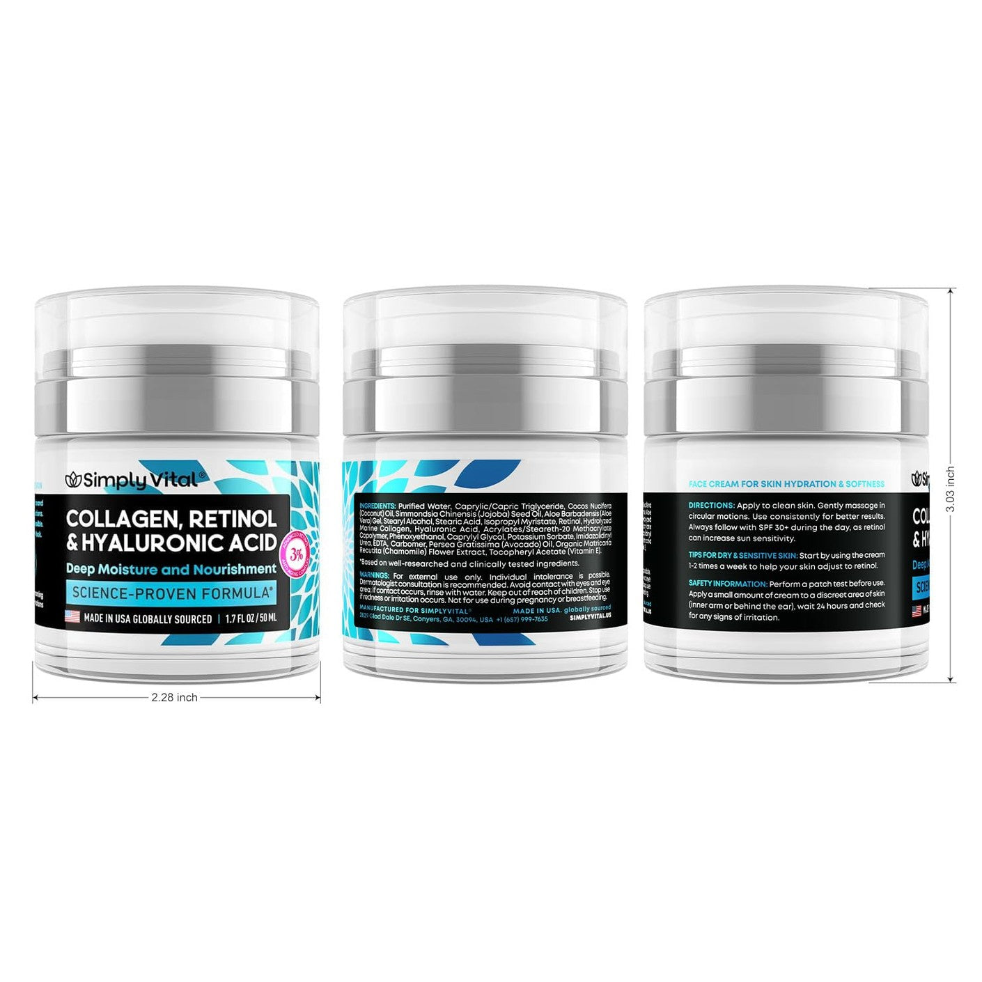 SimplyVital Collagen, Retinol & Hyaluronic Acid Cream - Anti-Aging Face Moisturizer for Face, Firming Skin Care Neck & Décolleté - Made in USA, Daily Moisturizer Face Cream Day & Night - 1.7 fl.oz. - Medaid International