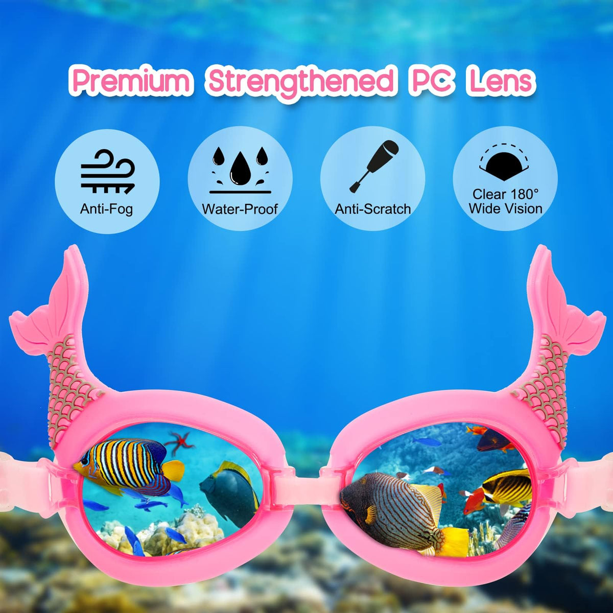 KASTWAVE Anti-Fog Swimming Goggles for Kids (Age 3-14) – Cute Mermaid Tail Design, UV Protection, Waterproof, with Ear Plugs, Nose Clip & Glasses Case