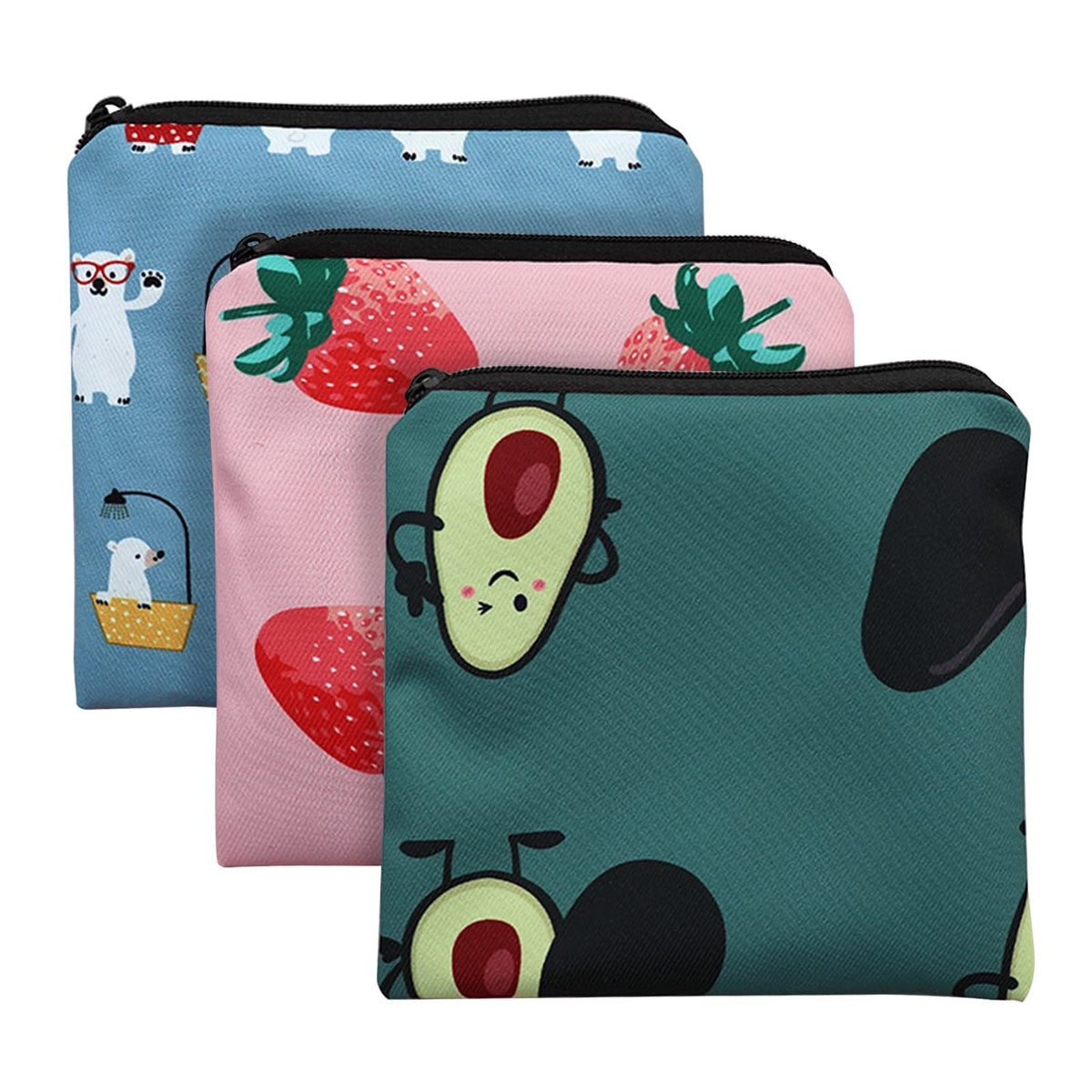 TERRIFI Sanitary Napkin Storage Bag, 3 Pack Cartoon Sanitary Napkin Pads Storage Bag with Zipper 5x5 inches First Period Bag for Girls, Women, Ladies