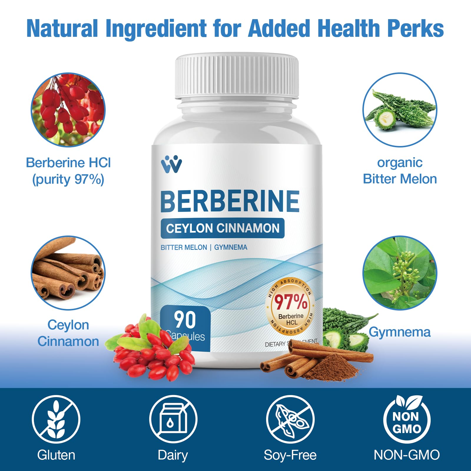 WACHRAY Berberine Supplement 1500mg - Berberine with Ceylon Cinnamon, Berberine HCl 97% Purity Complex Supplements, Non-GMO Vegan - 180 Capsules - Medaid International