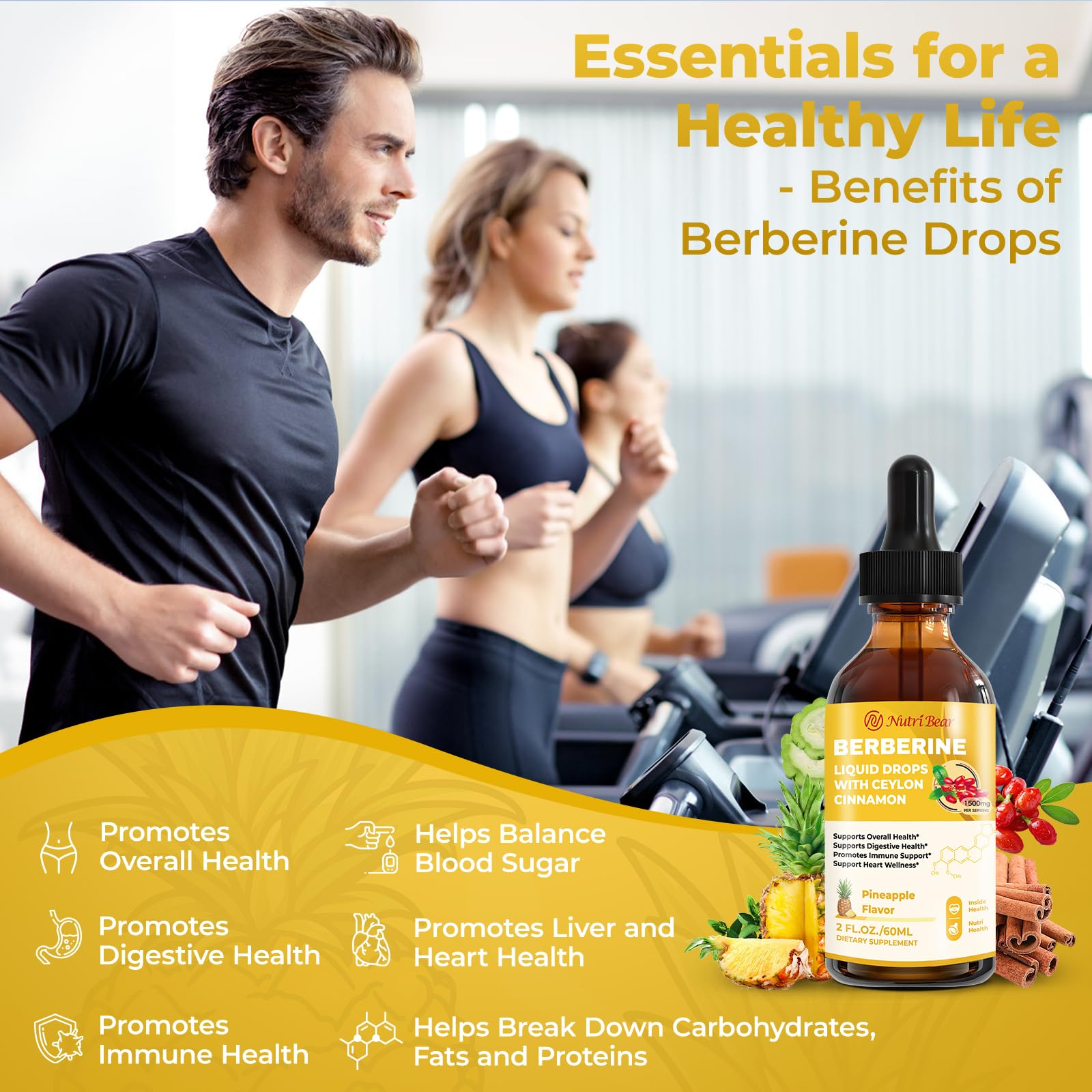 Berberine Supplement with Ceylon Cinnamon, Berberine HCL Liquid Drops with Turmeric, Bitter Melon, Quercetin, 10X Strength AMPK for Digestion System, Immune Health Support -Vegetarian, 2 fl oz - Medaid International