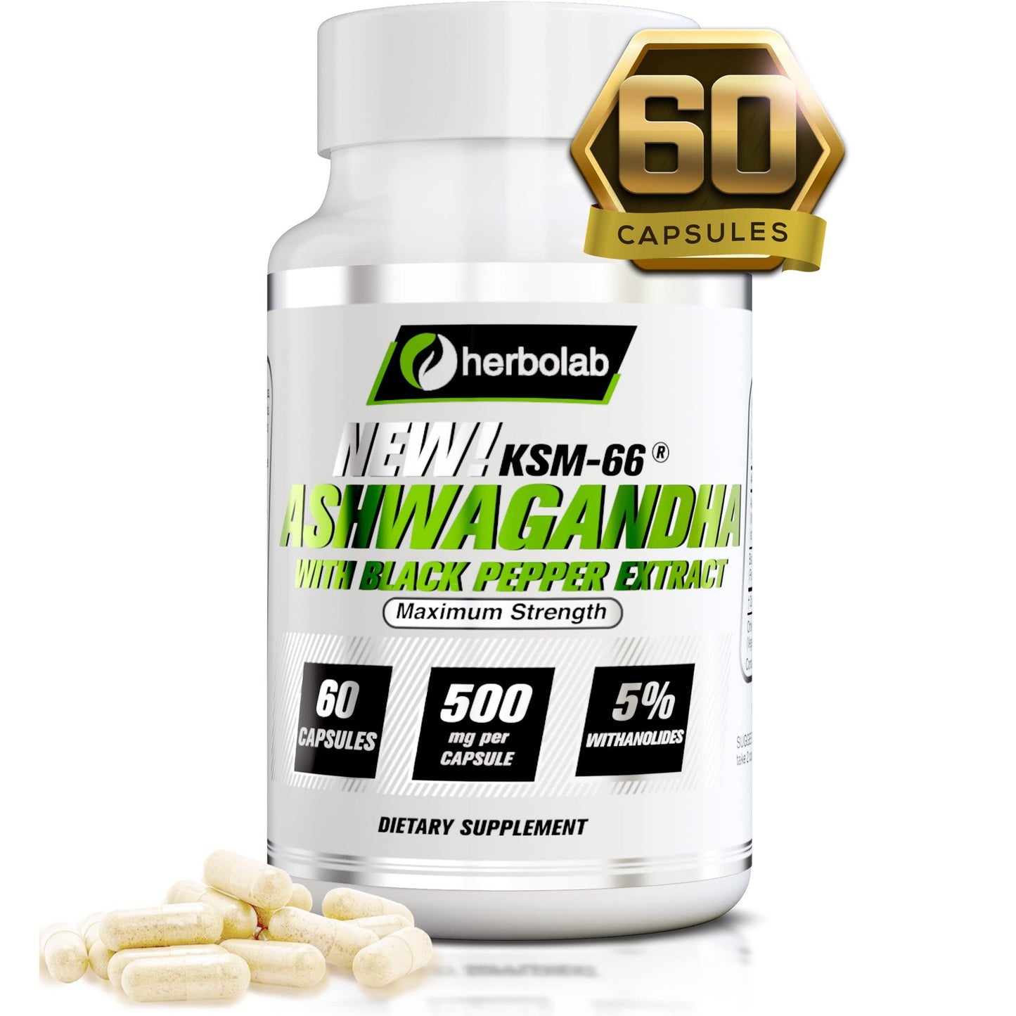 herbolab Ashwagandha KSM 66 15:1 with Black Pepper Extract (Higher Absorption) Max Potency Full Spectrum 5+% Withanolides - Medaid International