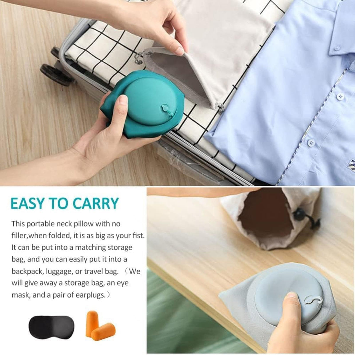 KASTWAVE Neck Support Travel Pillow, Portable Self-Inflatable Travel Pillow, Ultra Comfortable Mulberry Silk Fabric Neck Pillows for Travel, Travel Pillows for Sleeping Airplane, Grey