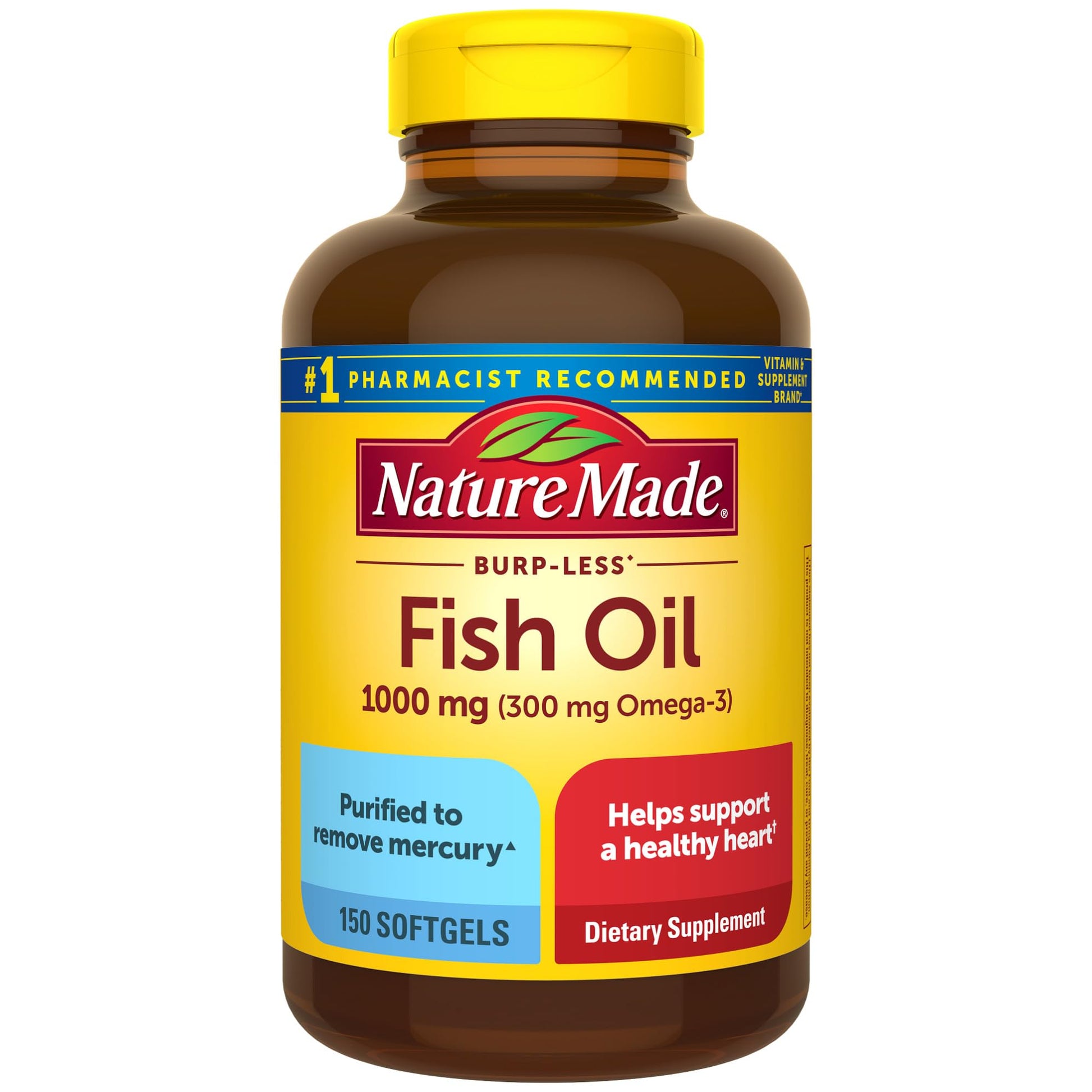 Nature Made Burp Less Fish Oil Omega 3 Supplements, 1000mg Softgels, Omega 3 Fish Oil Supplements for Healthy Heart Support, 150 Softgels, 75 Day Supply - Medaid International