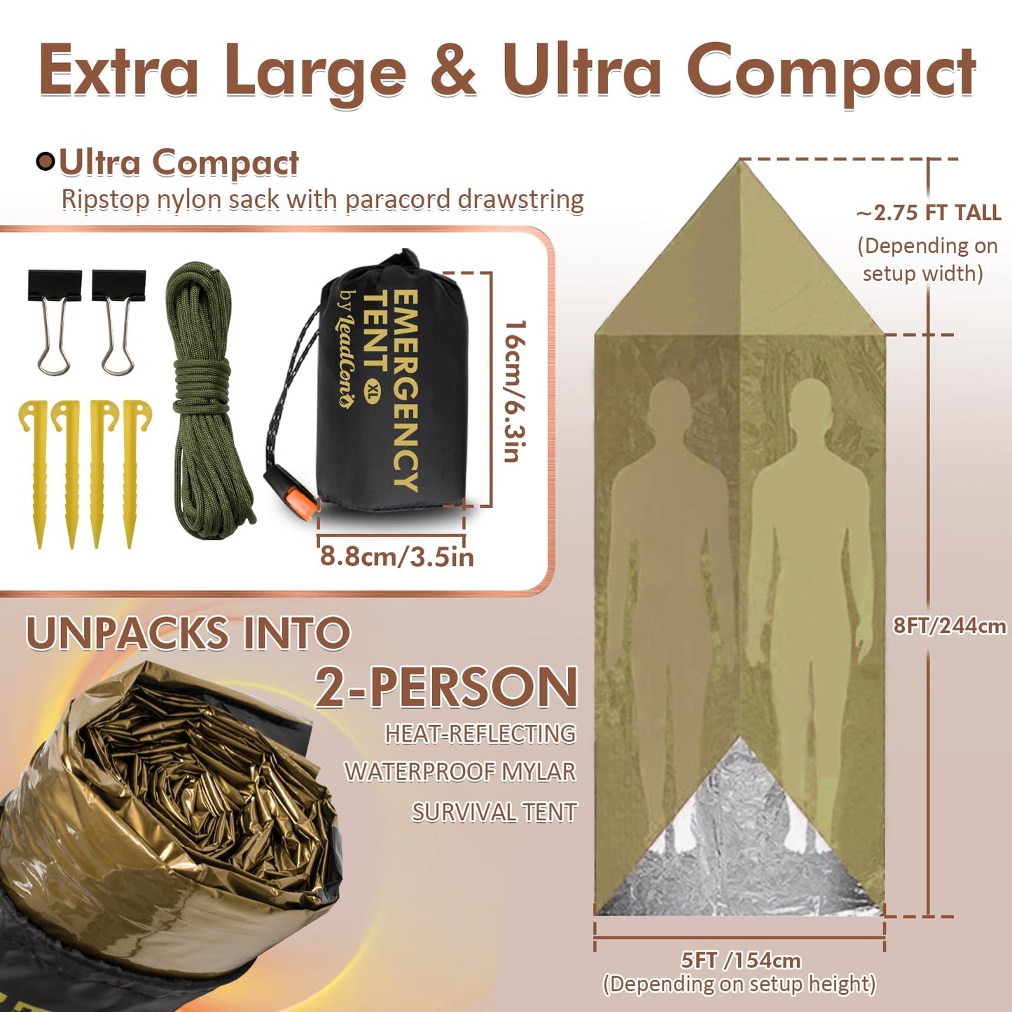LeadCon 2 Pack Emergency Survival Tent, 2 Person Emergency Shelter Tube Tent All-Weather Protection for Camping, Hiking, & Survival Kits Includes 5 pcs Emergency Blanket Mylar