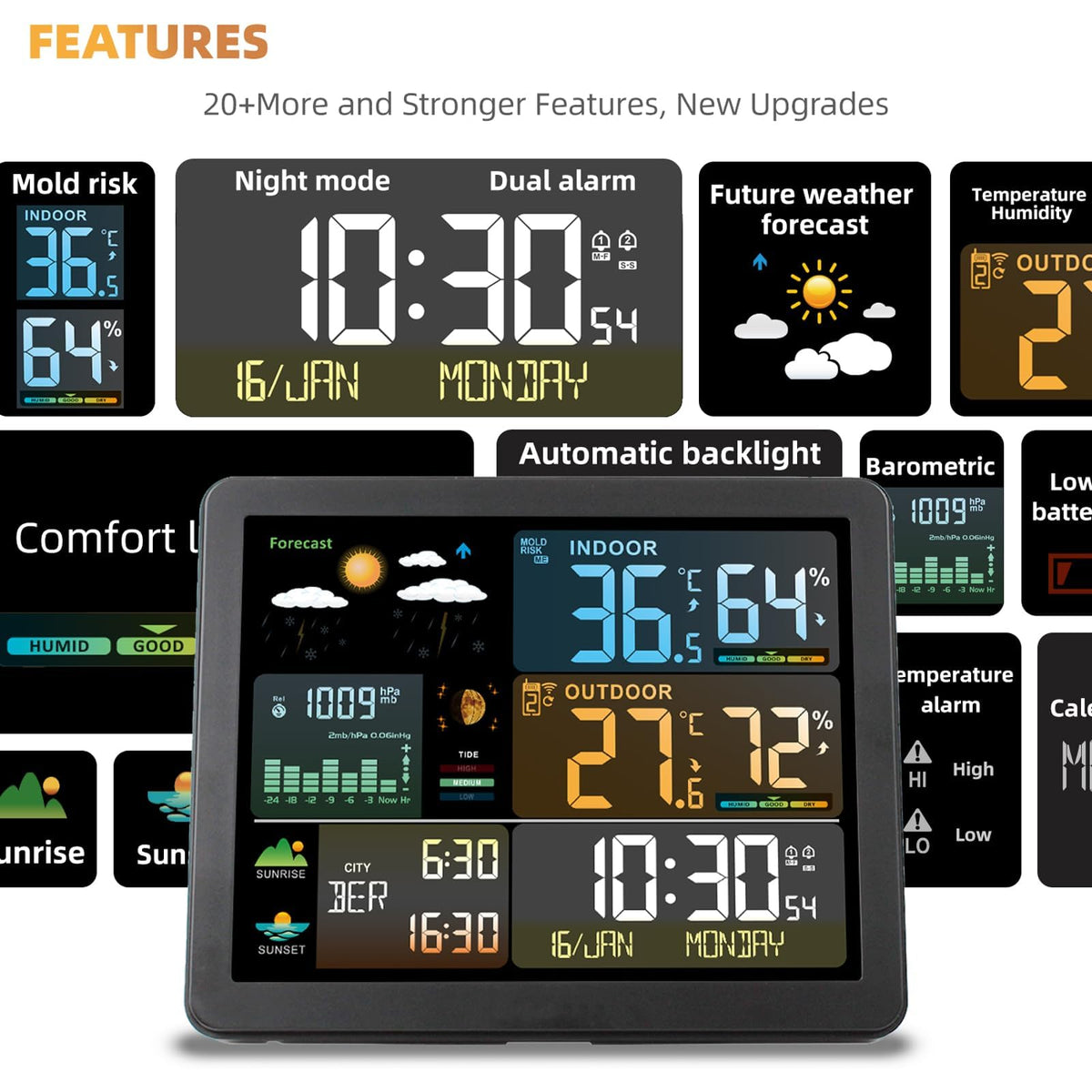 KASTWAVE Weather Station Wireless Indoor Outdoor Thermometer, Color Display Digital Weather Thermometer with Atomic Clock, Barometric Pressure, Forecast Station with Adjustable Backlight
