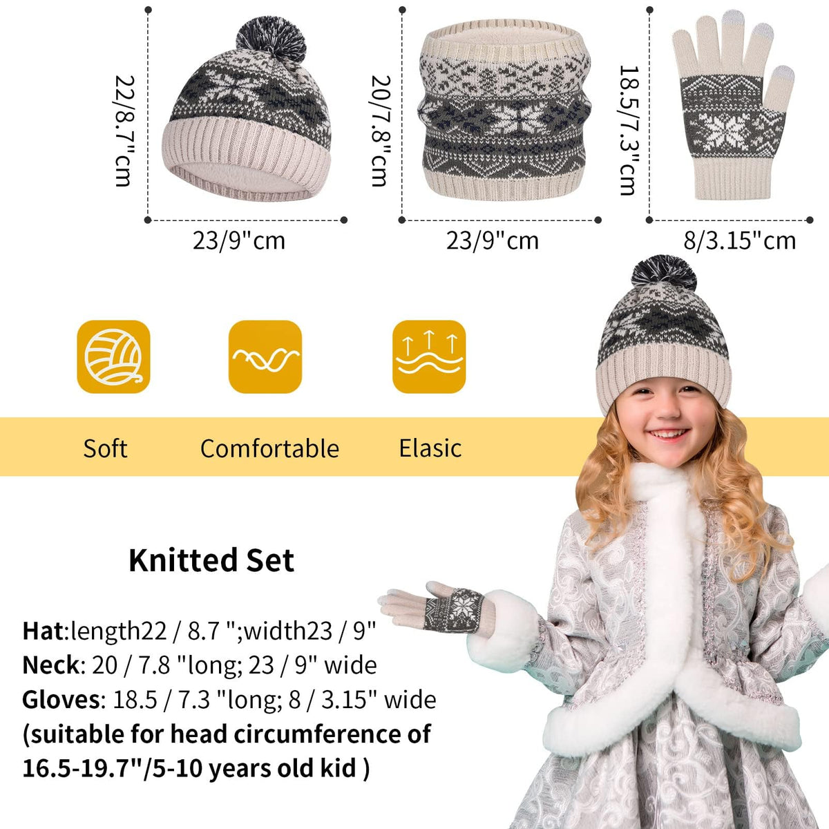 Kids Warm Beanie Hat Scarf Gloves Set 3 in 1 Thermal Knit Hat Scarf Gloves Set Winter Accessories Sets Snood Scarf Gloves Set with Double Layer Fleece Lining Boys Girls