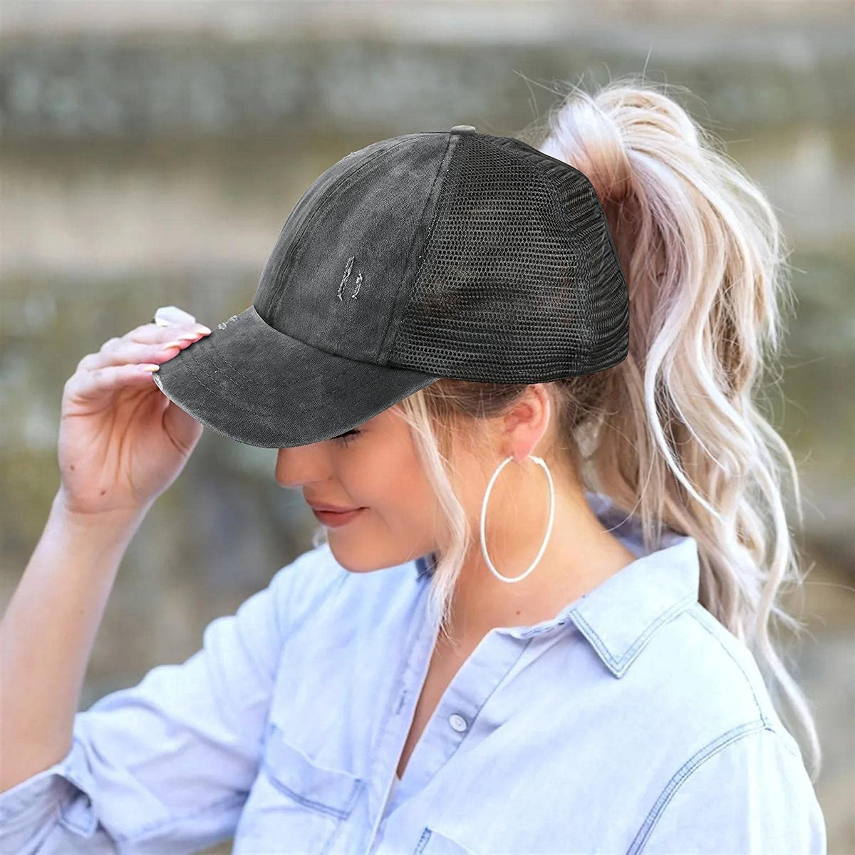 KASTWAVE Lady Trucker Hat, Cross Ponytail Hat, High Ponytail Hat, Women's Baseball Cap, Beanie(Black)