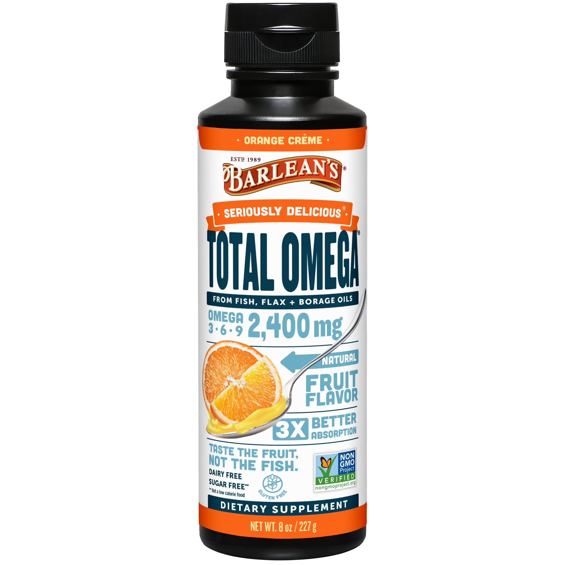 Barlean's Total Omega 3 6 9 Orange Crème Liquid Fish Oil Supplement with Borage and Flaxseed Oil, 2,400 mg of Omegas EPA and DHA Plus GLA for Joint and Heart Health, 8 oz - Medaid International