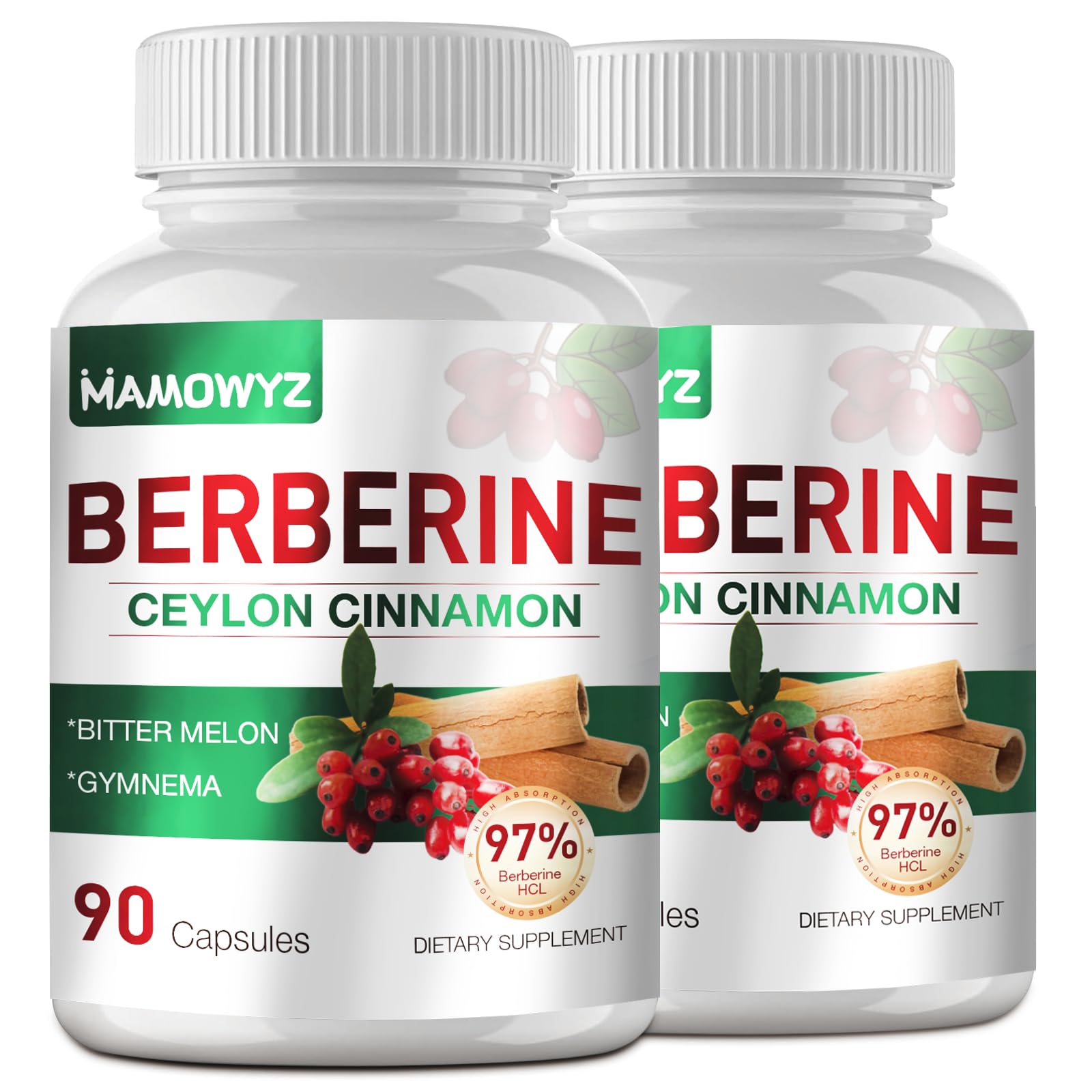 MAMOWYZ Berberine Supplement, Berberine with Ceylon Cinnamon, 1500mg Berberine HCl Activates AMPK, Non GMO Vegan, 2 Pack(180 Count Total) - Medaid International