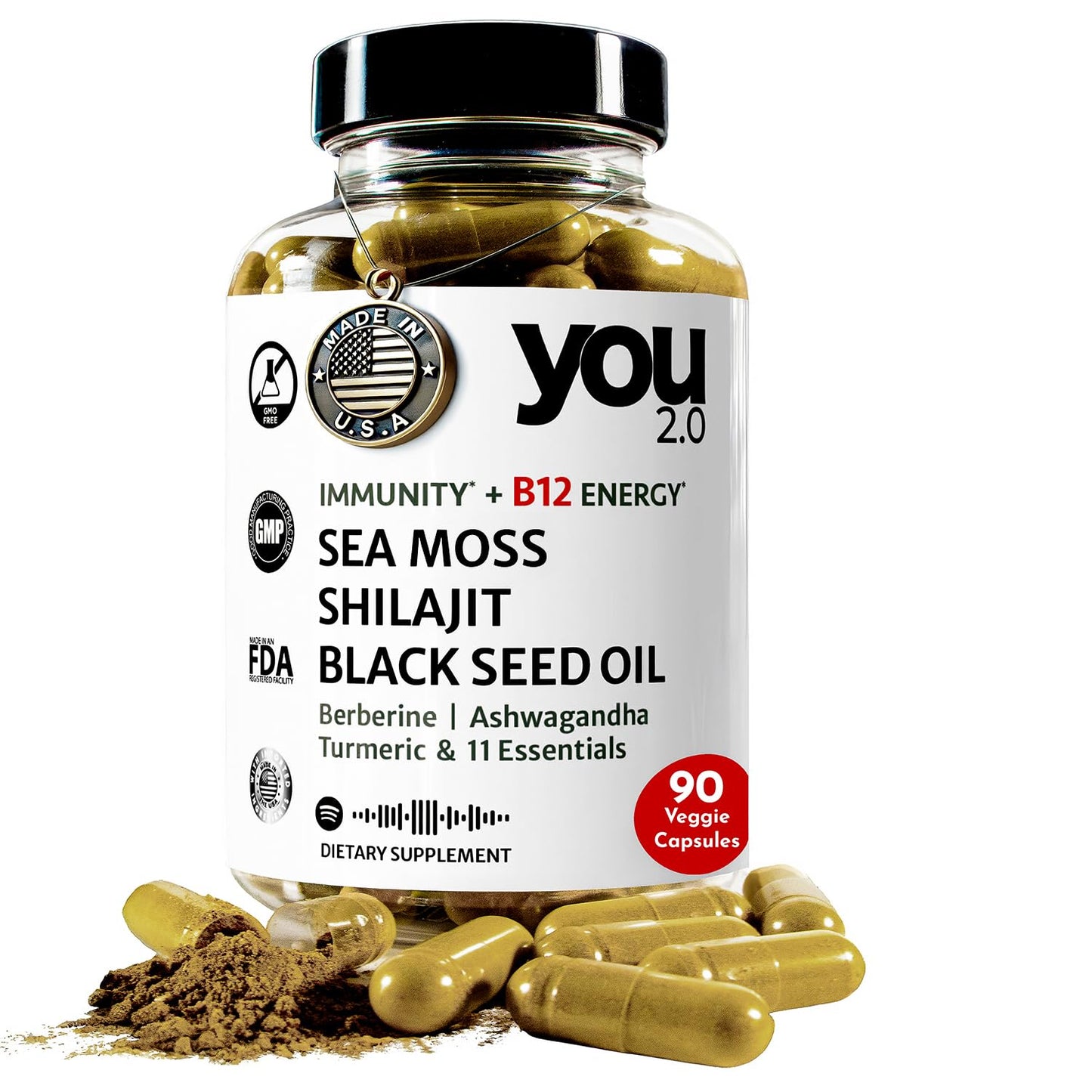 YOU 2.0 Powerhouse Superfood with Seamoss, Shilajit, Ashwagandha, Berberine, Maca, Black Seed Oil, Turmeric, Vitamin C, D, B12, K2 - Moringa, Apple Cider, Made in USA for Overall Health & Immunity - Medaid International