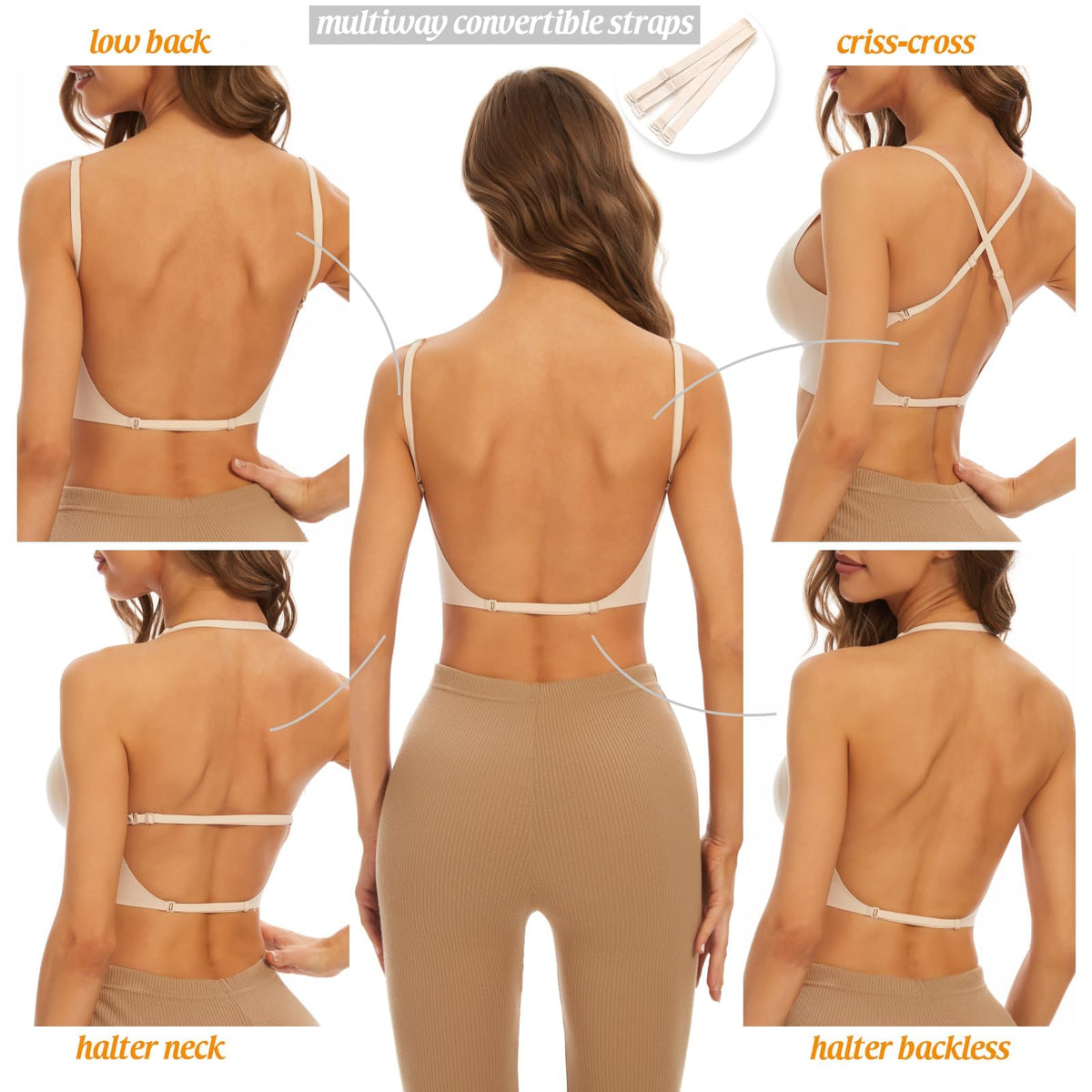 TERRIFI 1Pcs Low Back Bra for Women, Wirefree Seamless Backless Multiway Straps Convertible Halter Bra with Removable Pads, Skin Color Size M