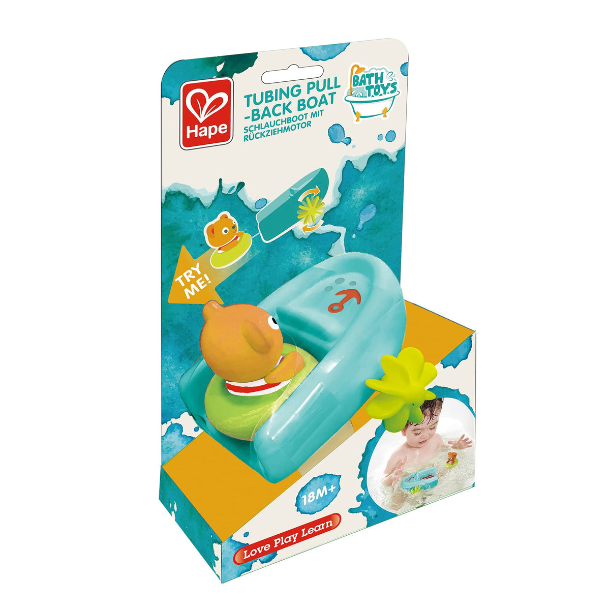 Hape Hape, Tubing Pull Back Boat, Bath Toys, Multicolor, Ages 18 months up