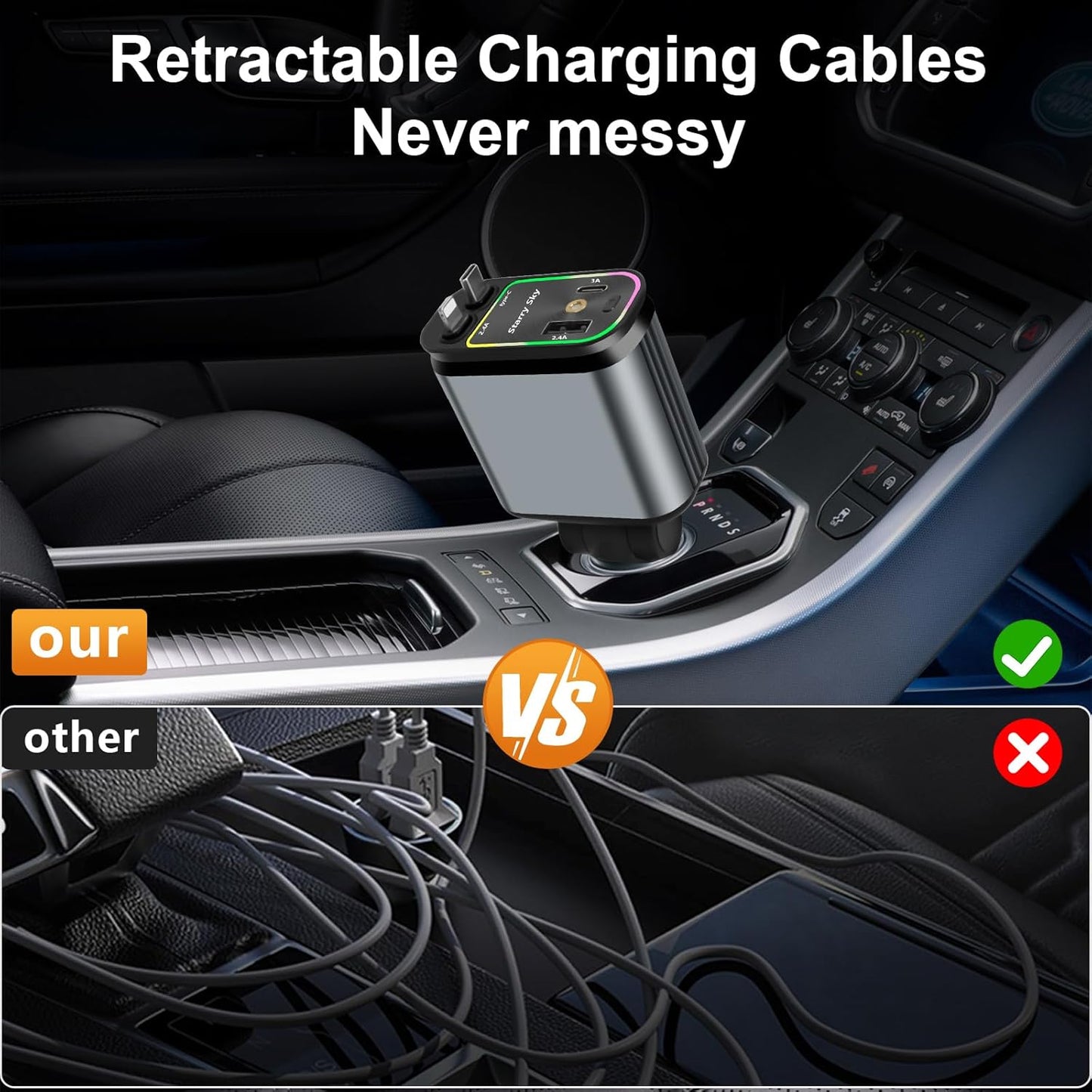 4-in-1 - Retractable Car Charger with Starry Light 120 Watt Fast Charger IOS and Android