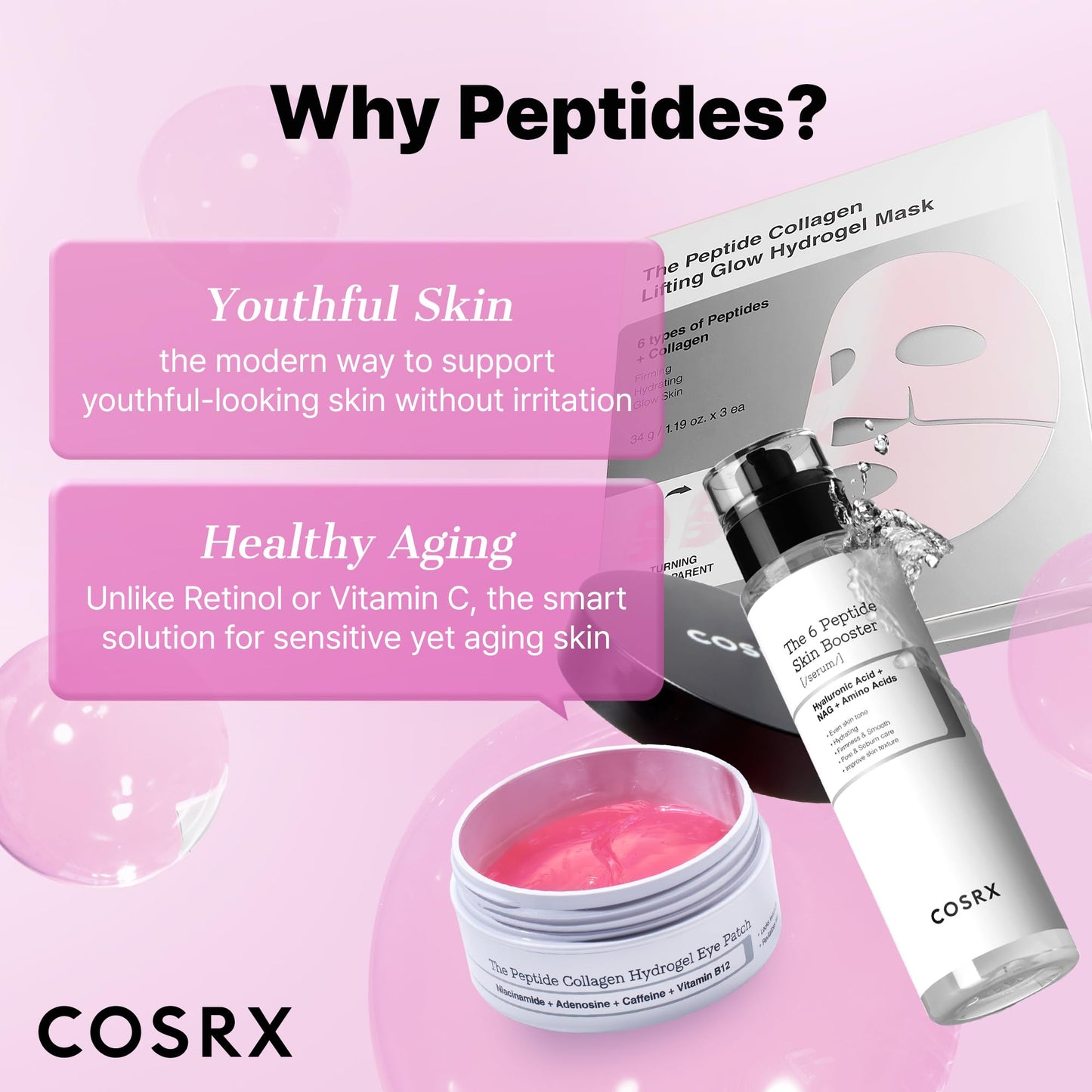 COSRX Pink Peptides Collagen Hydrogel Eye Patch for Puffy Eyes and Dark Circles, Under Eye Mask, 60 Under Eye Patches, Korean Skin Care, Stocking stuffers for women - Medaid International