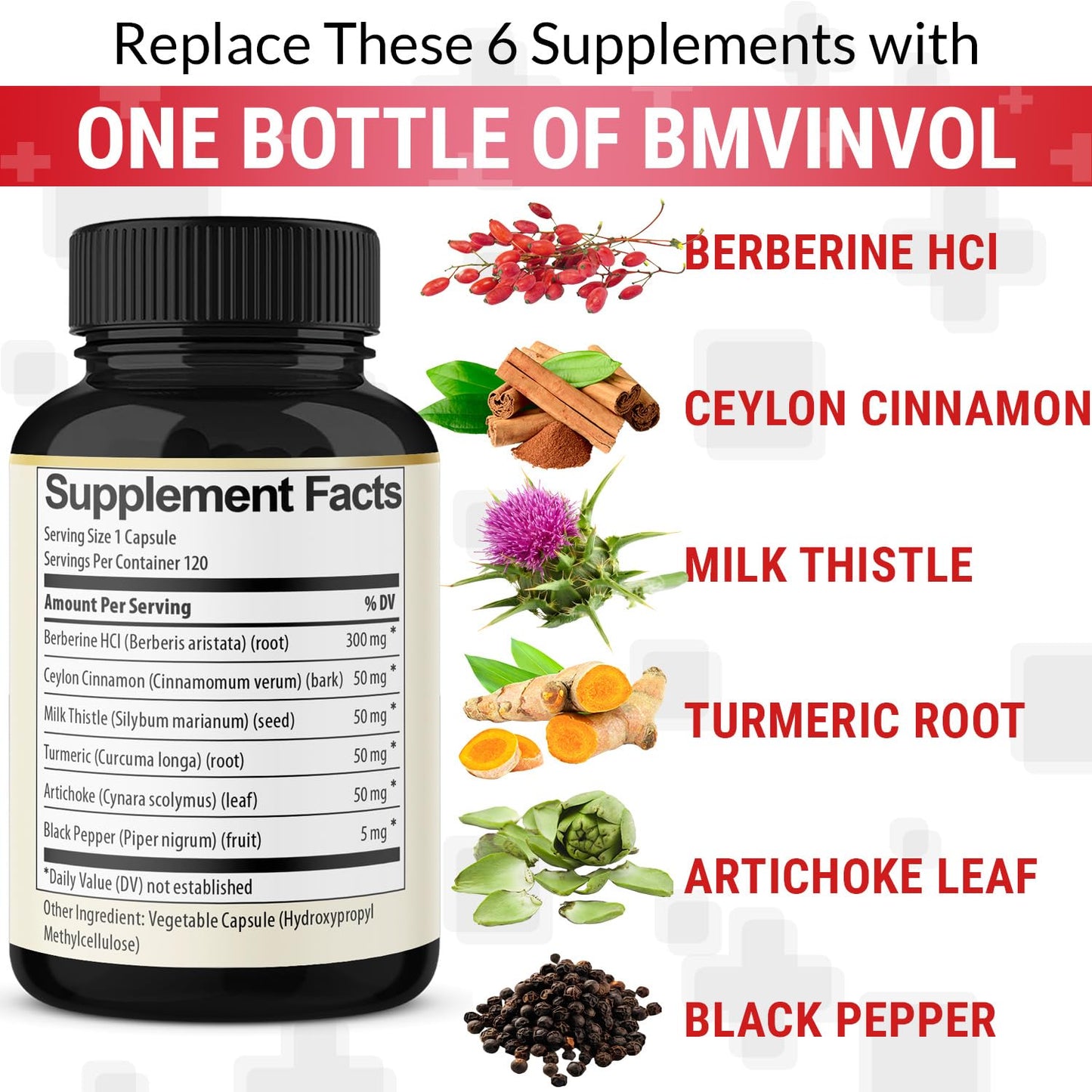 BMVINVOL 6in1 Berberine Supplement with Ceylon Cinnamon, Tumeric Root, Milk Thistle, Artichoke, Black Pepper -120 Capsules for 4 Month Supply - Medaid International