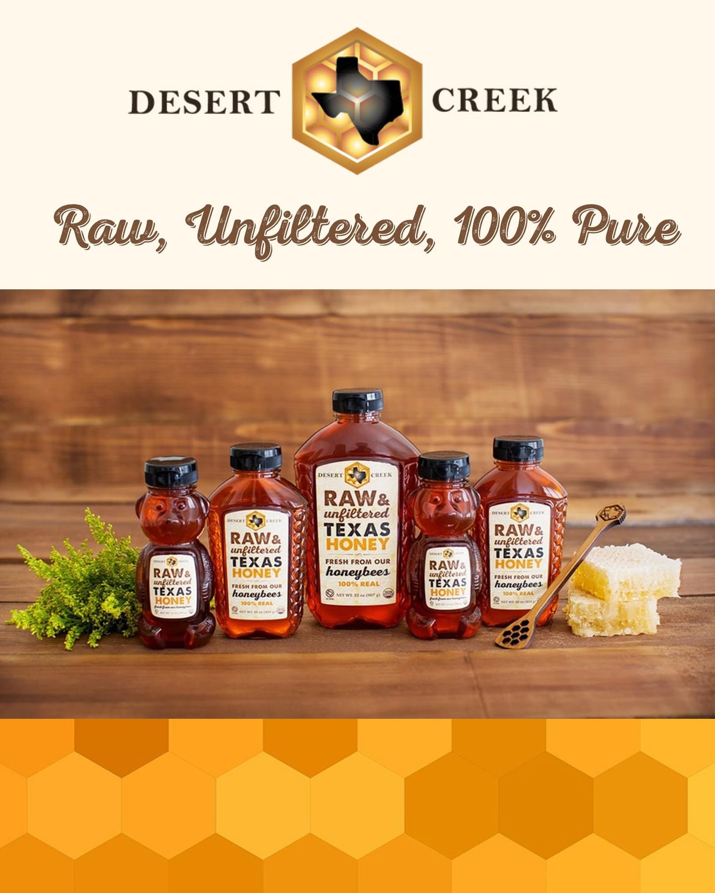 Desert Creek Honey - 100% Unfiltered, Pure, Raw Honey from Texas - Natural Sugar Substitute - One Gallon of Bulk Unprocessed, Unpasteurized American Honey - Harvested by Our Own Beekeepers - Medaid International