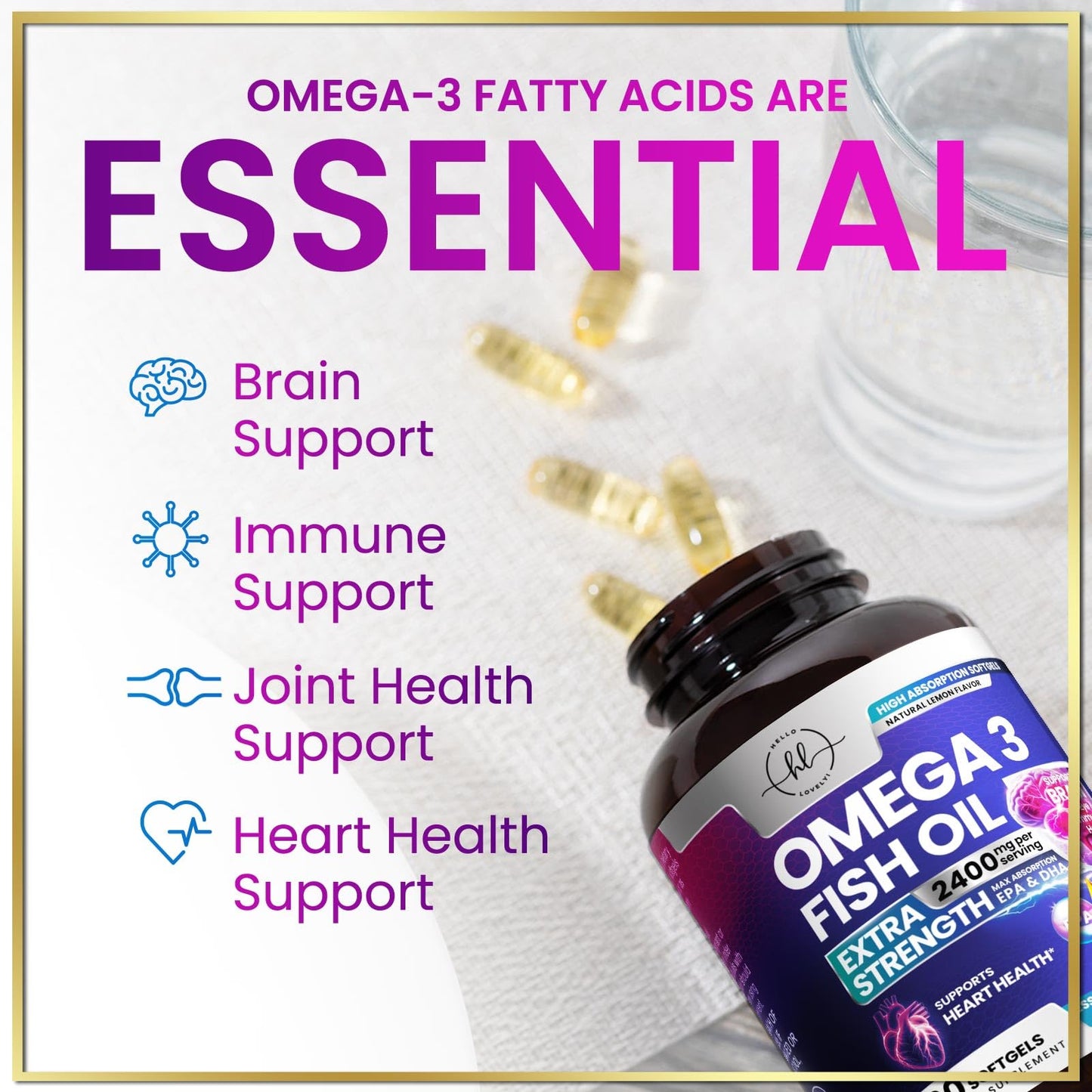 Omega 3 Fish Oil Supplements 2400mg - Triple Strength Omega 3 Fatty Acids, Natural Heart Health Brain & Joint Support - Fatty Acids with EPA & DHA - Wild Caught Fish Oil Supplement - 120 Softgels - Medaid International
