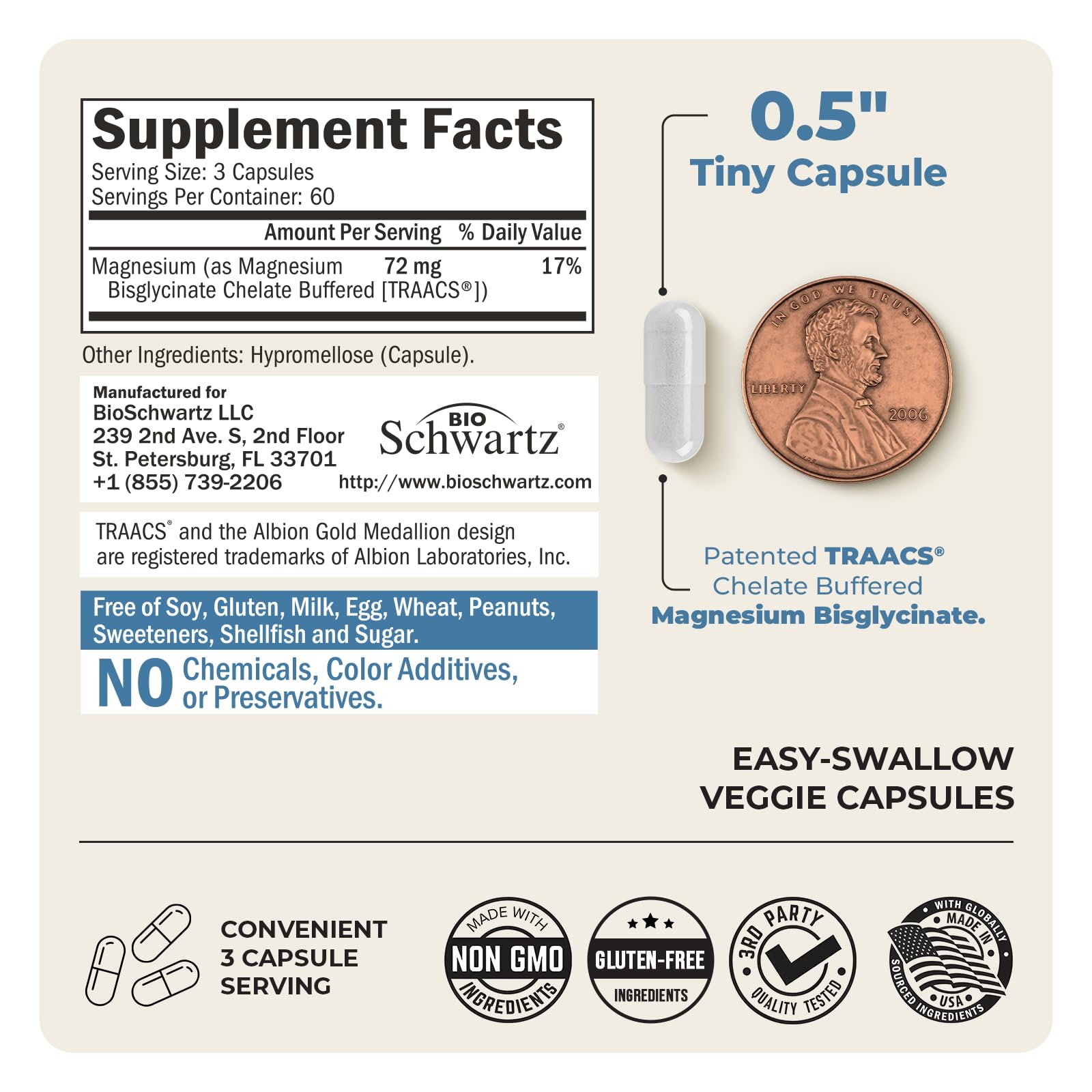 Magnesium Bisglycinate Chelated Supplement - High Absorption Magnesium Supplement for Muscle, Bone & Joint Support - Non-GMO, Non-Laxative, Fully Buffered for Maximum Bioavailability - 180 Capsules - Medaid International