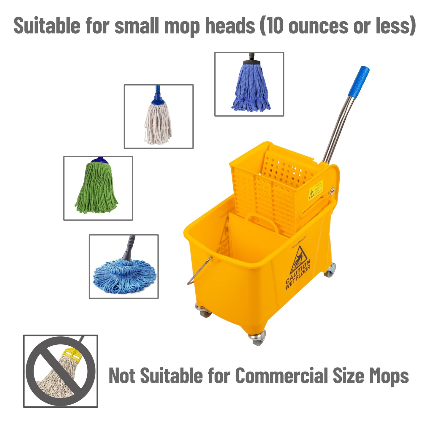 Mind Reader Mop Bucket with Wringer, 22 Qt (5.5 Gallon), Floor Cleaning, Handle, Wheels, 16.25"L x 10.75"W x 24.5"H, Yellow - Medaid International