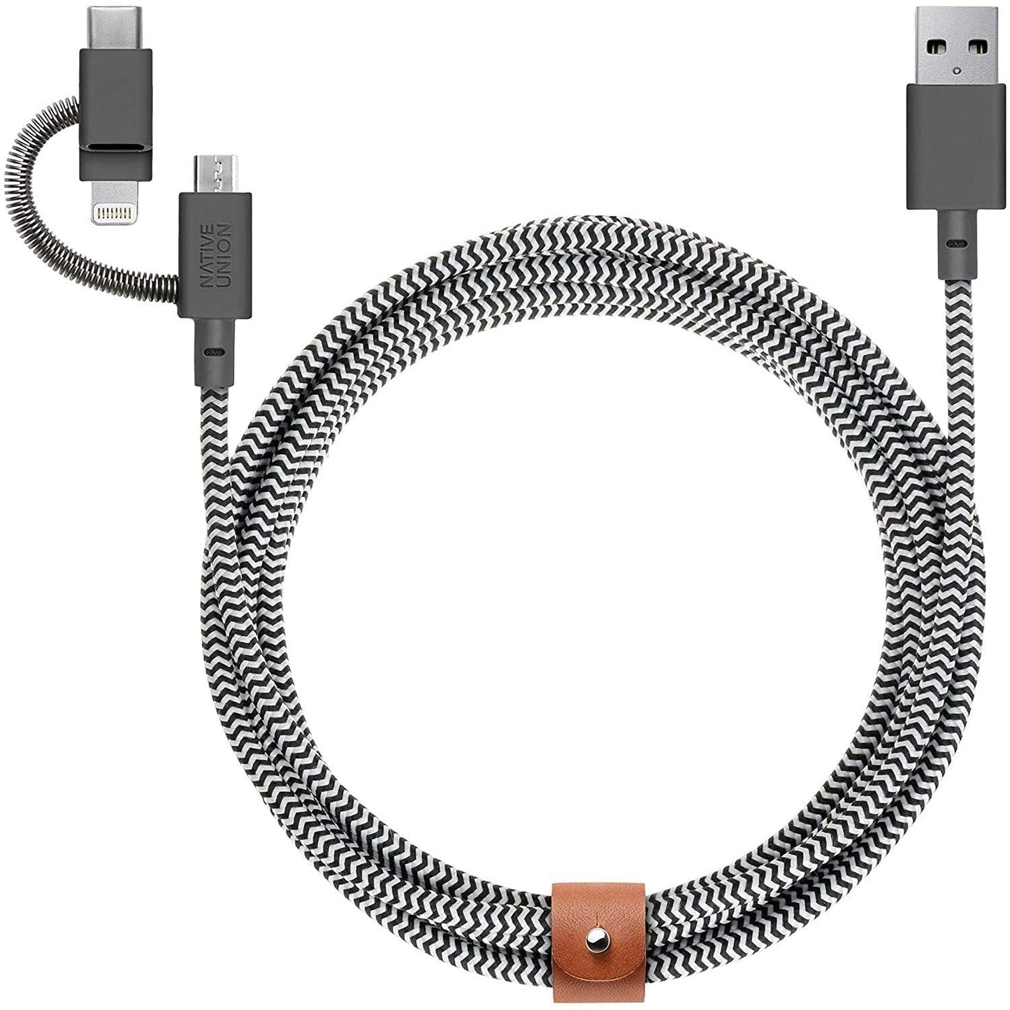 Native Union Belt Cable Universal - 6.5ft Ultra-Strong Reinforced [MFi Certified] Durable Charging Cable with 3-in-1 Adaptor for Lightning, USB-C and Micro-USB Devices (Zebra) - Medaid International
