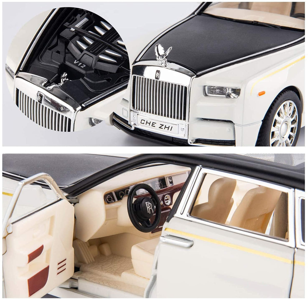Amerteer Alloy Rolls Royce Model Car 1:32 Car Model For Rolls-Royce Phantom Car Model Diecast Toy Cars With Sound & Light & 6 Open Doors For Kids Boy Girl Collect Gift SUV Model Car (White with Black)