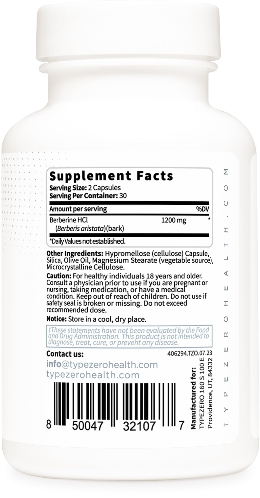 Type Zero Berberine HCL 1200mg 60 Capsules - Clean, Non-GMO, Gluten Free Supplement - Medaid International