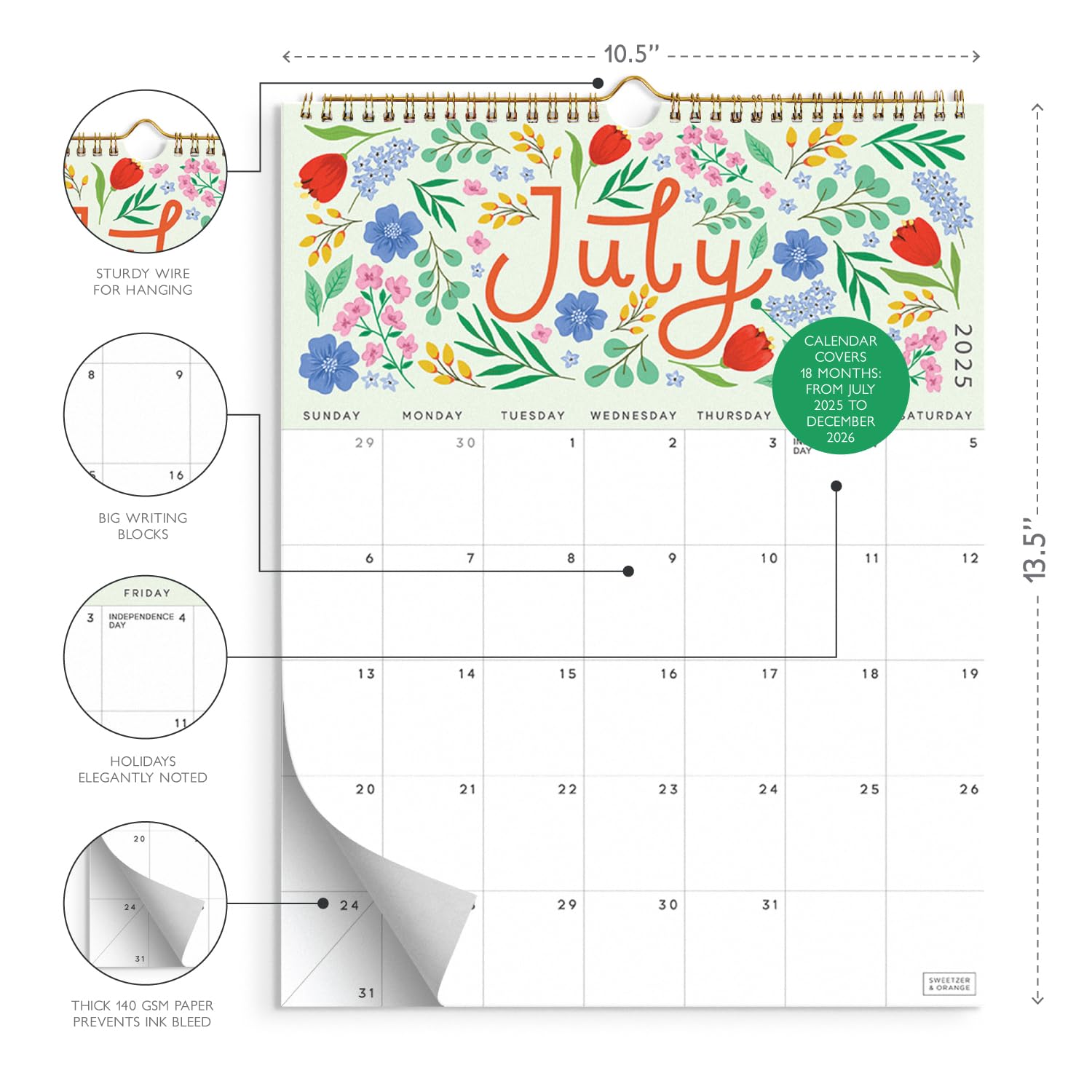 S&O Five Color Floral Wall Calendar from July 2025-Dec 2026 - Tear-Off Monthly Calendar - 18 Month Academic Wall Planner - Hanging Organizer to Track Anniversaries & Appointments - 13.5"x10.5”in - Medaid International
