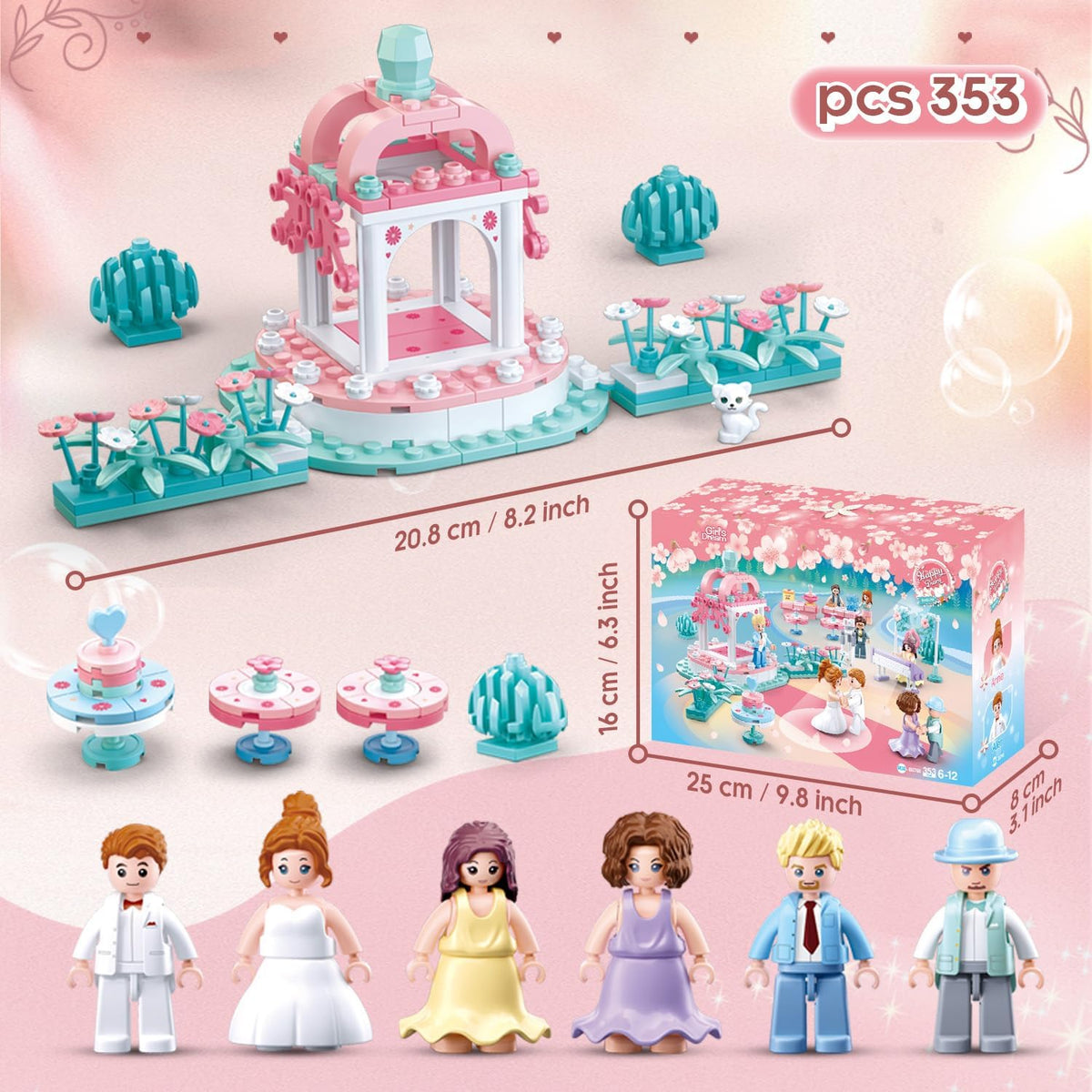 KASTWAVE Building Set, Dream Wedding Building Block, Girl Roleplay Set Toy for Kids, Adult STEM Blocks with Minifigure for Kids Age 7 8 9 10 11 and Adult Wedding Souvenir, 353 PCS
