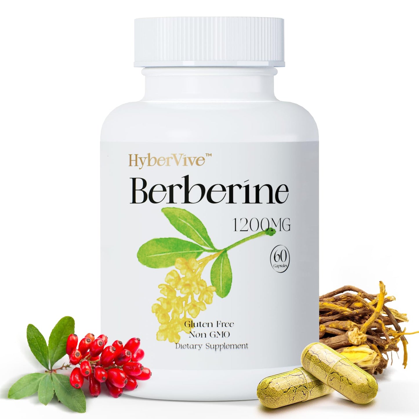 HyberVive Berberine Supplement 1200mg, Berberine HCl Supplement Supports Overall Wellness, High Potency Pure Berberine Extract for Women - Non GMO, Made in USA - 60 Capsules - Medaid International