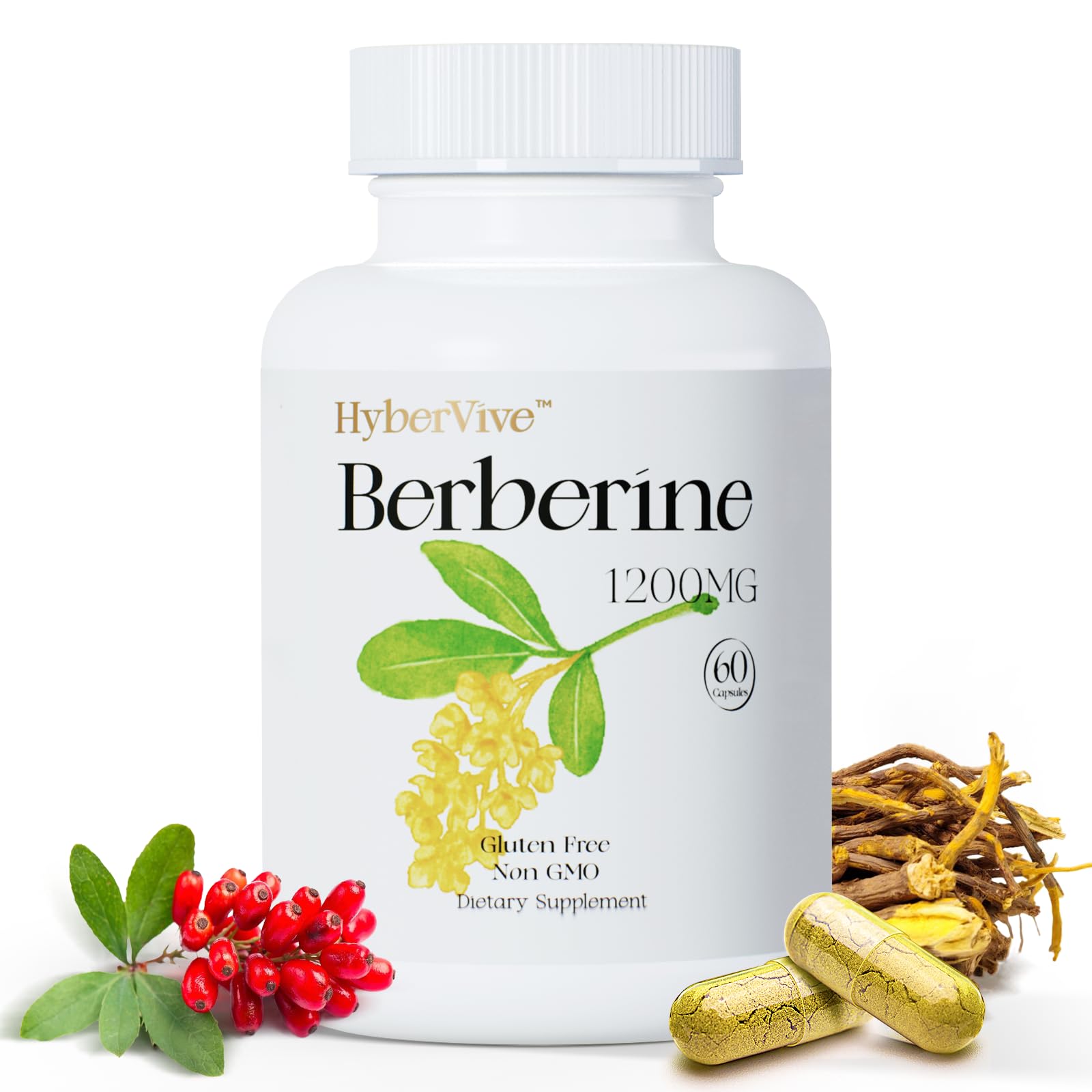 HyberVive Berberine Supplement 1200mg, Berberine HCl Supplement Supports Overall Wellness, High Potency Pure Berberine Extract for Women - Non GMO, Made in USA - 60 Capsules - Medaid International