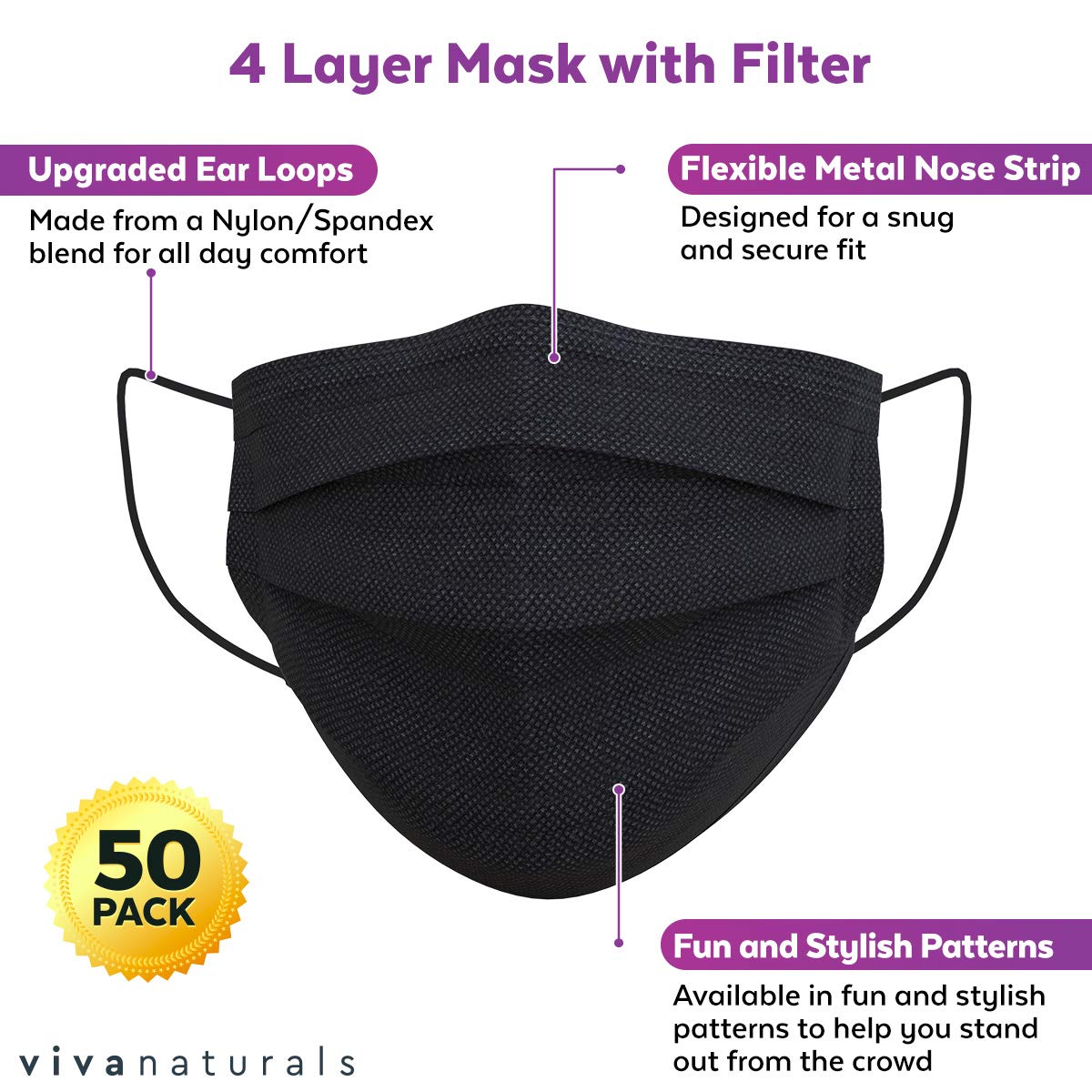 Non-Medical Adult Face Mask (50 Individually Wrapped Masks) - 4-Ply Non-Medical Black Disposable Face Masks, Premium Design With Comfortable Earloops & Adjustable Metal Nose Strip - Medaid International