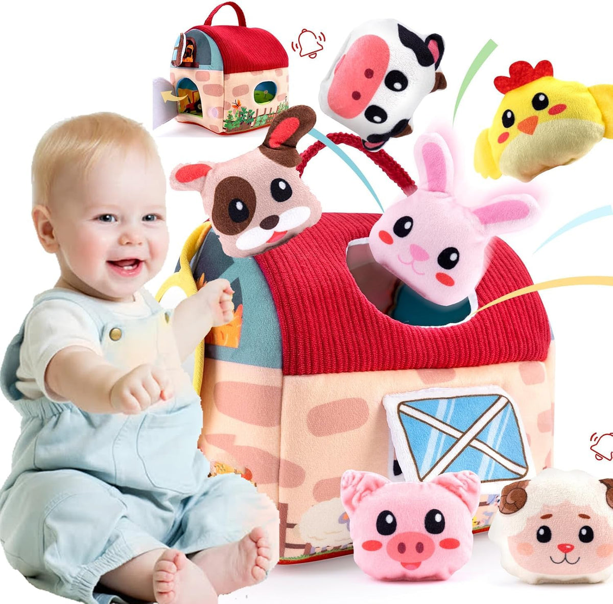 Baby Toys 6-12 Months-Mini Farm Animals Shape Sorter Toys with 6pc Stuffed Farm Animals Plush Toy,Rattle,Crinkle Paper,Mirror-Busy Montessori Toy for Babies,Sensory Toys for Toddlers 1-3 (Pilzhaus)