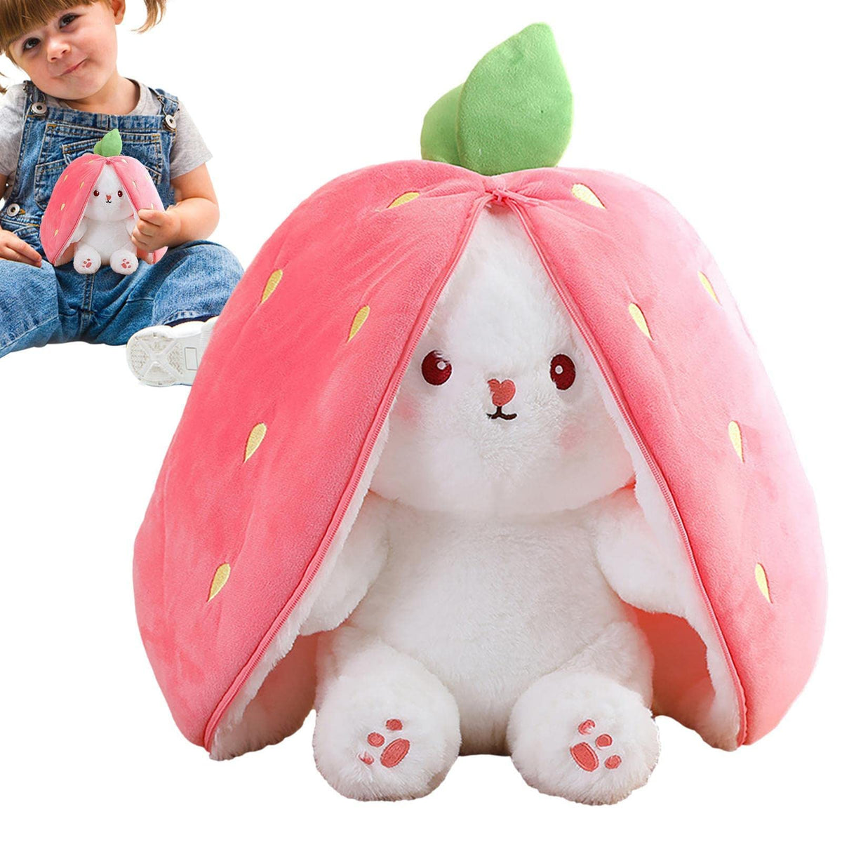 KASTWAVE Strawberry Bunny Plush Toys, Rabbit Muppet Toys, Strawberry Bunny Transformed into Little Rabbit Fruit Doll Plush Toy Carrot Rabbit Plush Doll Girl for Kids (Strawberry Rabbit, 18cm)