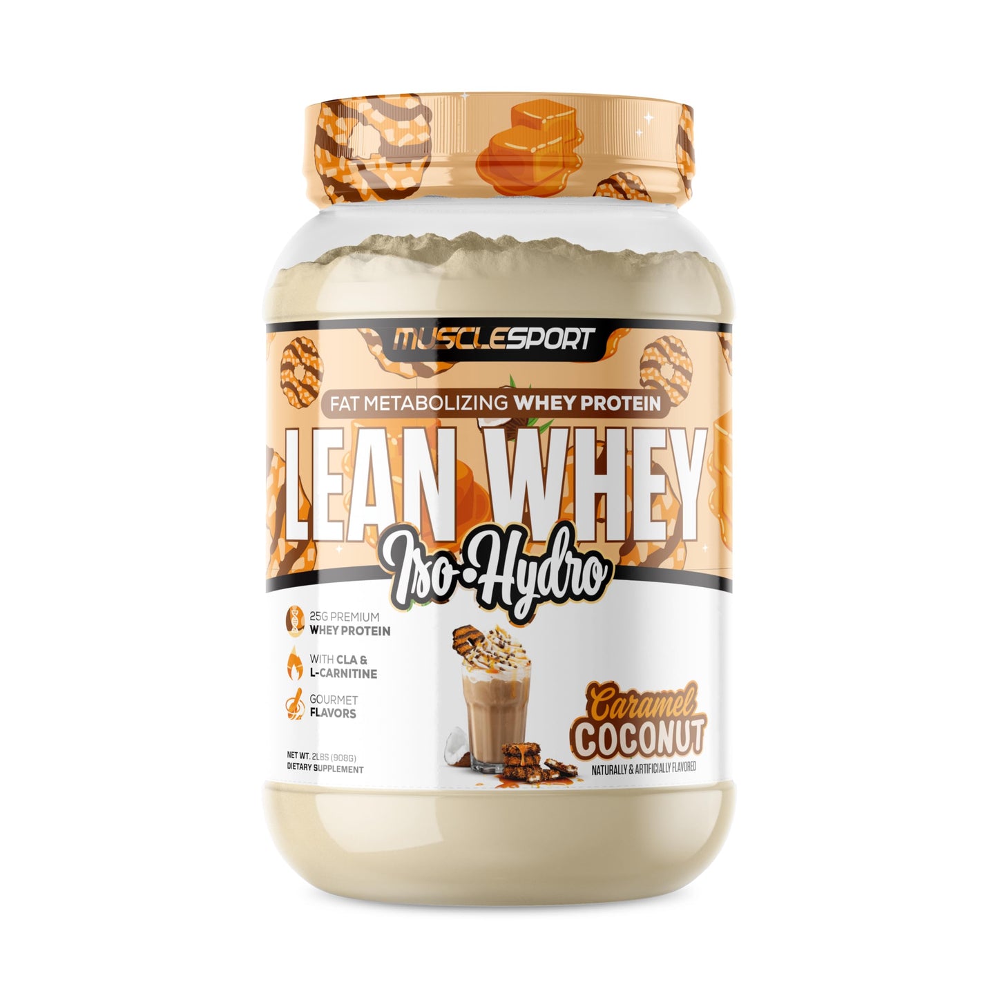 Musclesport Lean Whey Revolution™ Protein Powder - Whey Protein Isolate - Low Calorie, Low Carb, Low Fat, Incredible Flavors - 25g Protein per Scoop (2LB, Coconut Caramel) - Medaid International