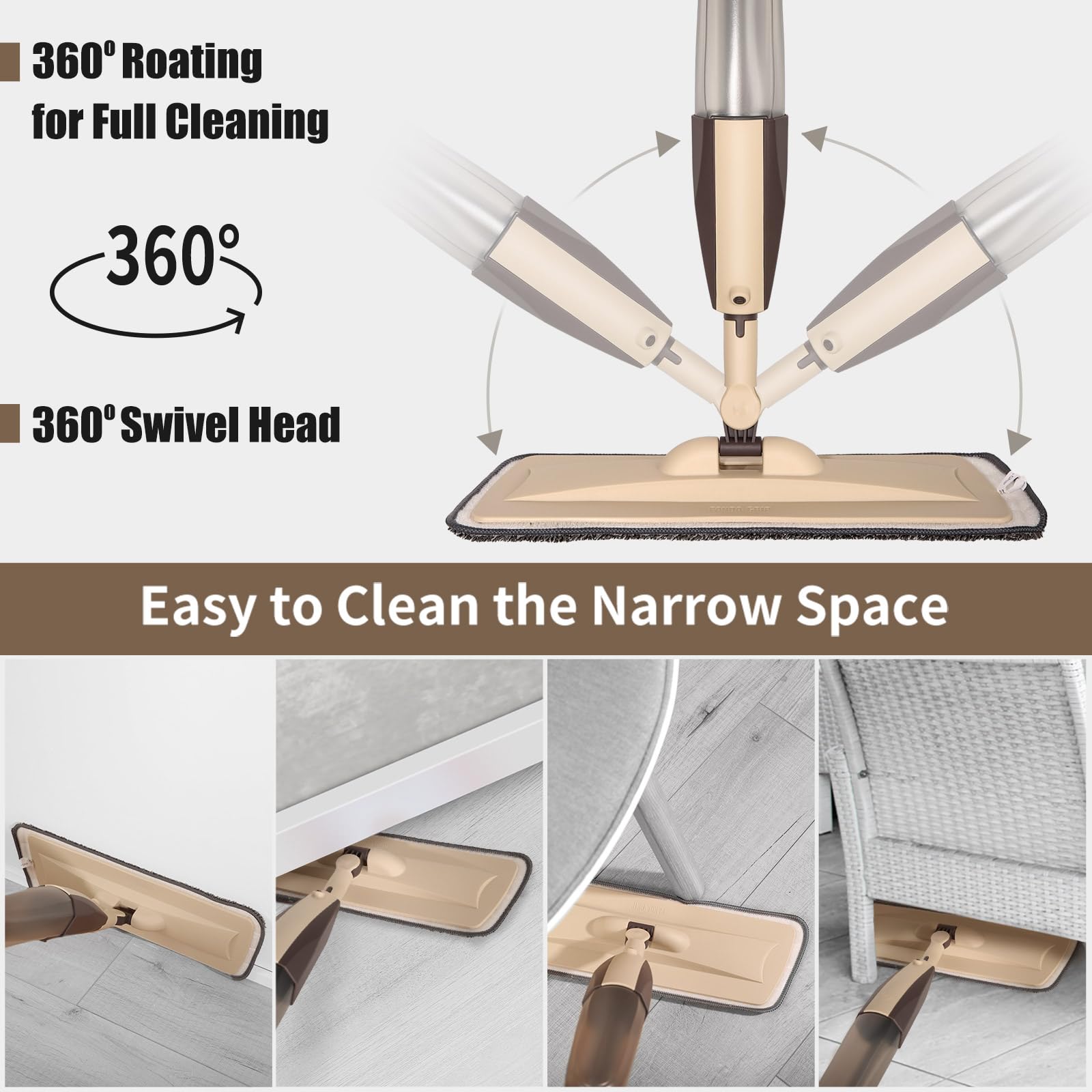 Mops for Floor Cleaning, 50 inch Spray Mop with 400ml Refillable Bottle and 2 Replacement Pads Dry Wet FloorCleaning Household or Commercial Use for Hardwood Laminate Tile Ceramic (Brown) - Medaid International