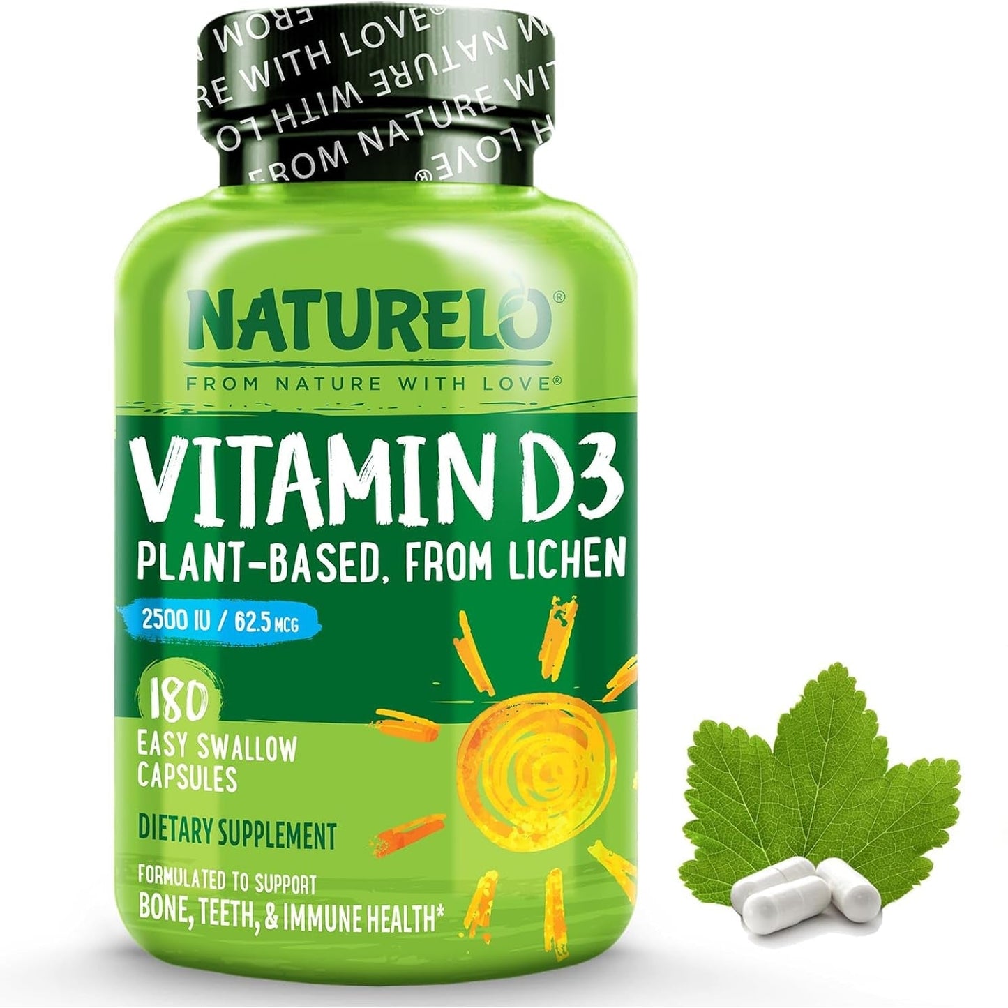 NATURELO Vitamin D - 2500 IU - Plant Based from Lichen - Natural D3 Supplement for Immune System, Bone Support, Joint Health - Vegan - Non-GMO - Gluten Free - 180 Mini Capsules - Medaid International