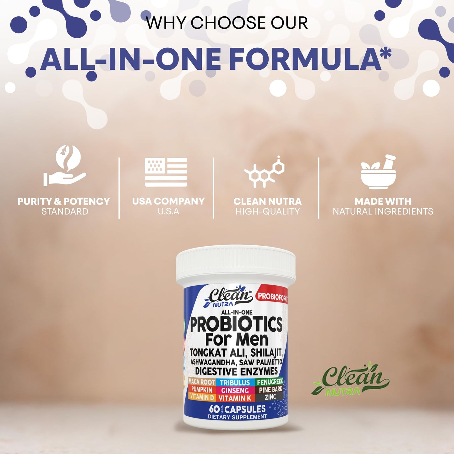Clean Nutra Probiotics for Men | Tongkat Ali, Saw Palmetto, Tribulus, Ginseng, Ashwagandha, Maca, Pumpkin, Gingko Biloba, Pine Bark, Fenugreek, Shilajit, Zinc - Mens Probiotic 60 Capsules - Medaid International