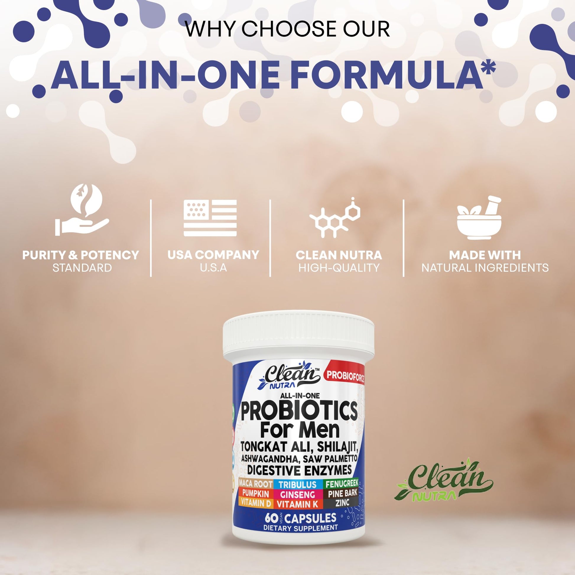 Clean Nutra Probiotics for Men | Tongkat Ali, Saw Palmetto, Tribulus, Ginseng, Ashwagandha, Maca, Pumpkin, Gingko Biloba, Pine Bark, Fenugreek, Shilajit, Zinc - Mens Probiotic 60 Capsules - Medaid International