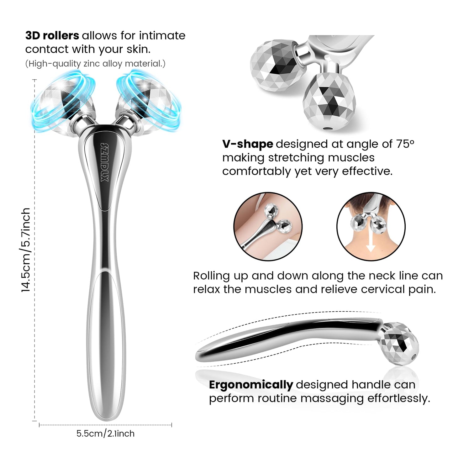 3D Facial Massager Rollers Lifting Massager, Skin Care Face Body Massager Firming Tools for Body Relaxation Massage, Kneading, Body Slimming and V-shaped Face Lift, Anti-Wrinkle (Silvery White) - Medaid International