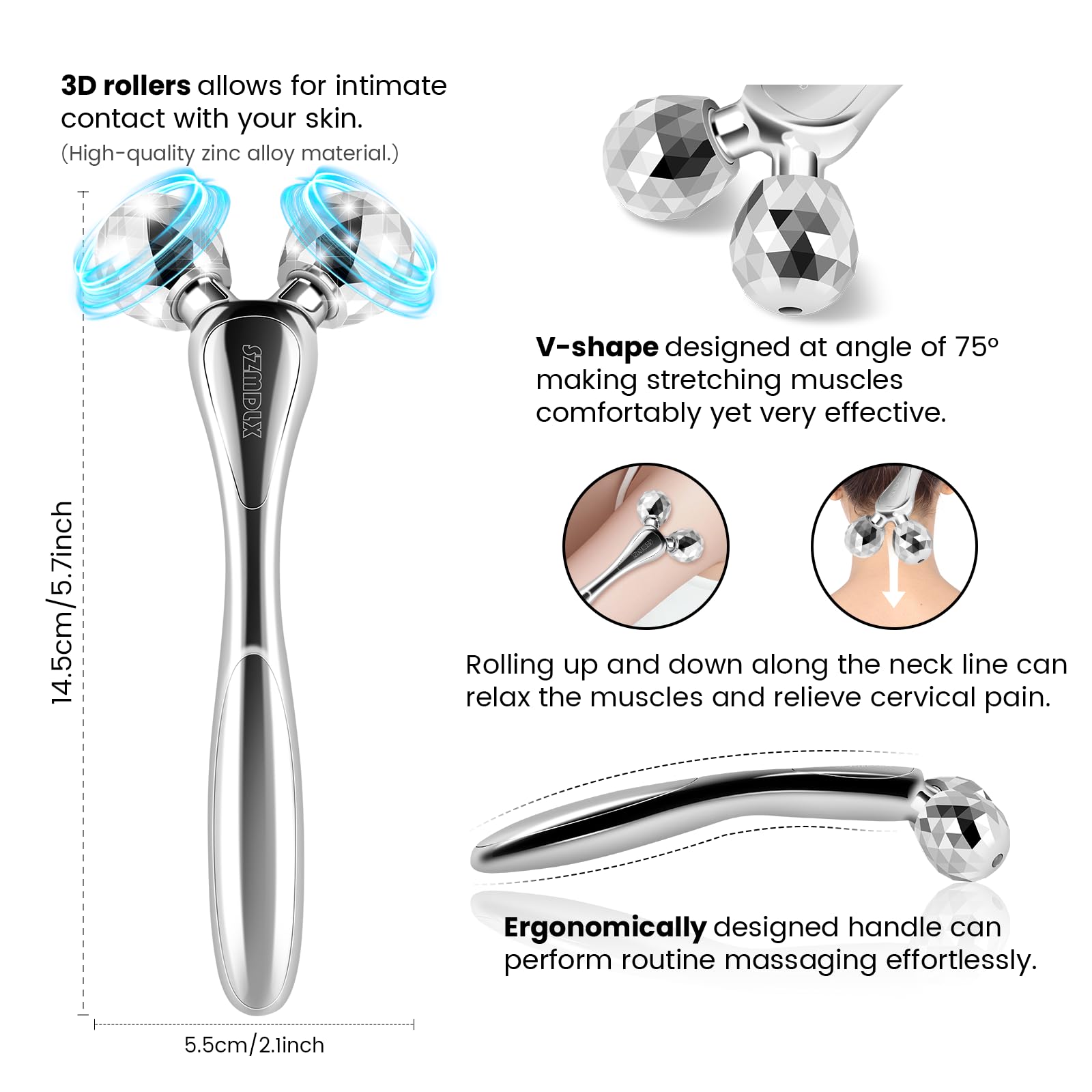 3D Facial Massager Rollers Lifting Massager, Skin Care Face Body Massager Firming Tools for Body Relaxation Massage, Kneading, Body Slimming and V-shaped Face Lift, Anti-Wrinkle (Silvery White) - Medaid International