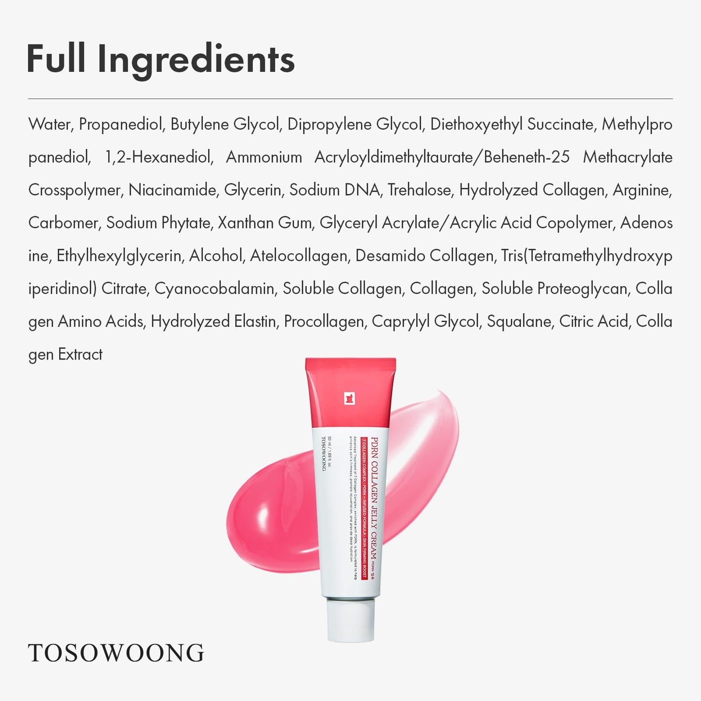 TOSOWOONG PDRN Collagen Jelly Cream, 5,000ppm Salmon DNA PDRN, Niacinamide, Hydrolyzed Collagen, Glow, Hydrating, Firming, Uneven Skin Tone, No artificial color, Korean Skin Care, 50ml, 1.69 fl.oz. - Medaid International