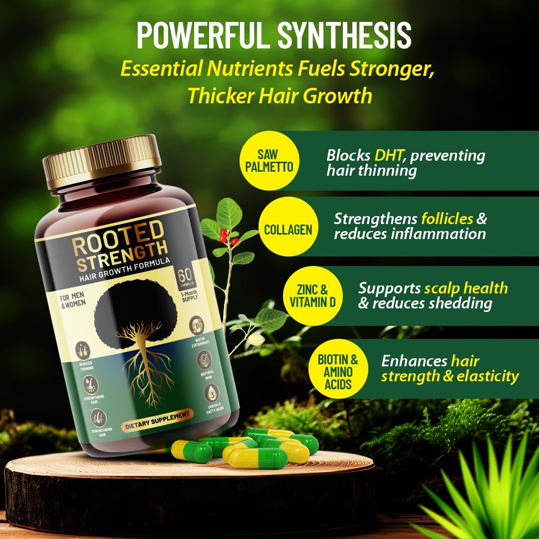 Rooted Strength Hair Growth Vitamins – Hair Vitamins for Black Women & Men with DHT Blocker & Collagen, Advanced Biotin for Hair Growth Women, 60 Capsules, 1-Month Supply, for Thicker, Stronger Hair - Medaid International