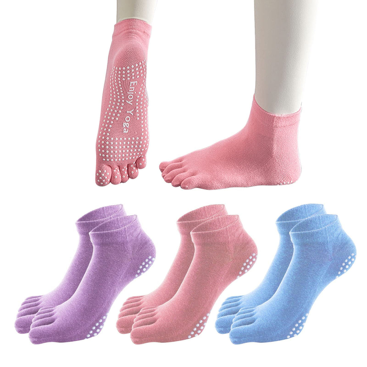 KASTWAVE 3 Pairs Non-Slip Yoga Socks with Grips, Pilates Socks for Women Cotton Dance Barre Ballet Socks, Ladies Five Toe Socks Grip Socks for Home Workout Gym Sports Non-Slip Yoga Socks for Workouts