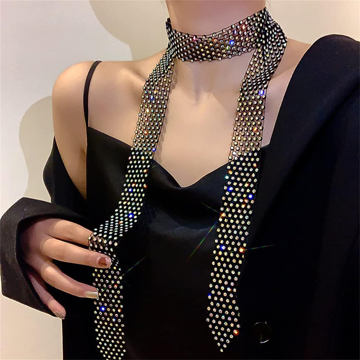 TERRIFI Rhinestone Neck Tie, Glittering Sparkle Long Thin Women's Scarf Necktie, Neckerchief Collar Decor