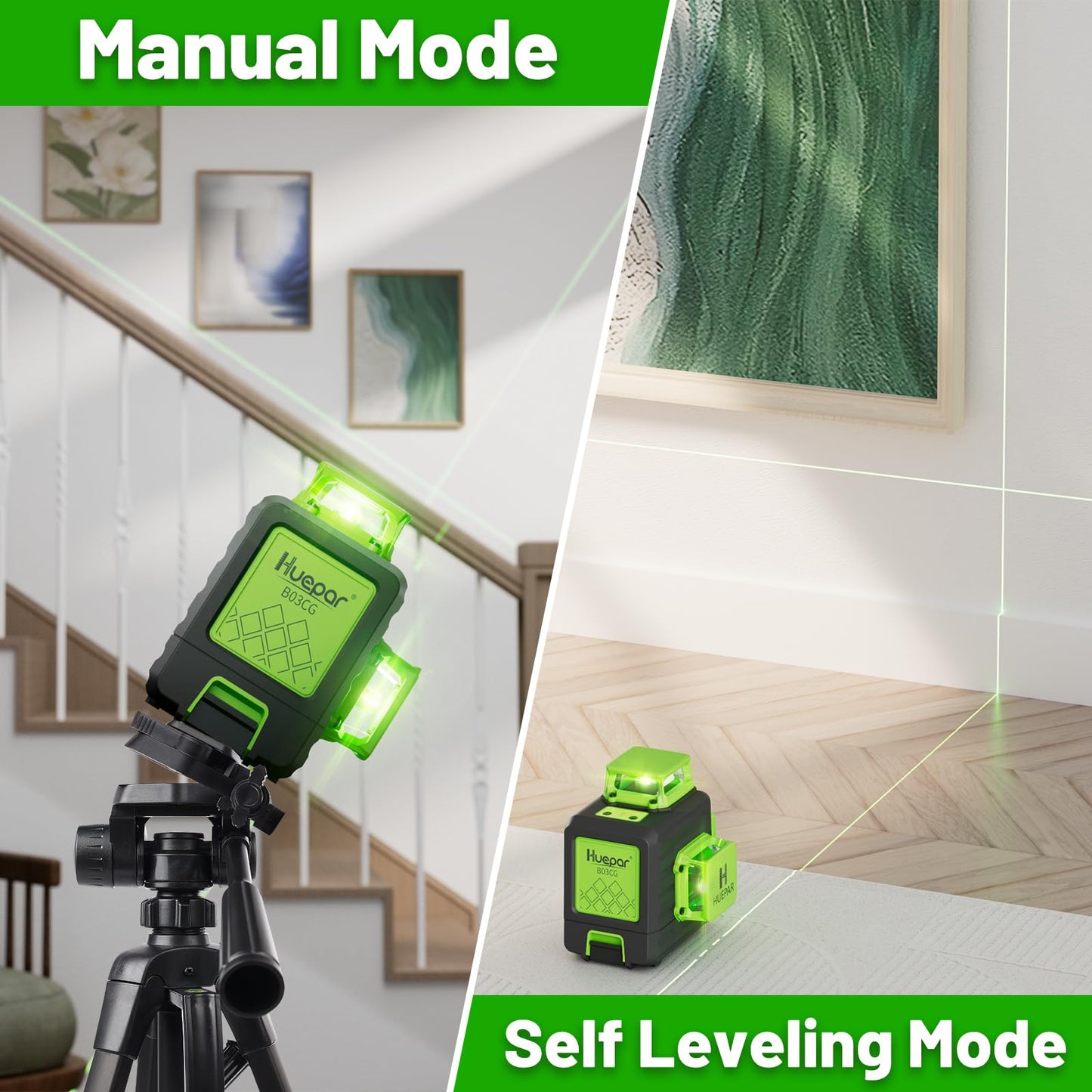 HUEPAR Laser Level 360 Self Leveling, Rechargeable 3D High Brightness Green Laser 3x360° Best Laser Leveler Tool for Construction and Picture Hanging, Strong Magnetic Bracket & Hard Suitcase -B03CG - Medaid International